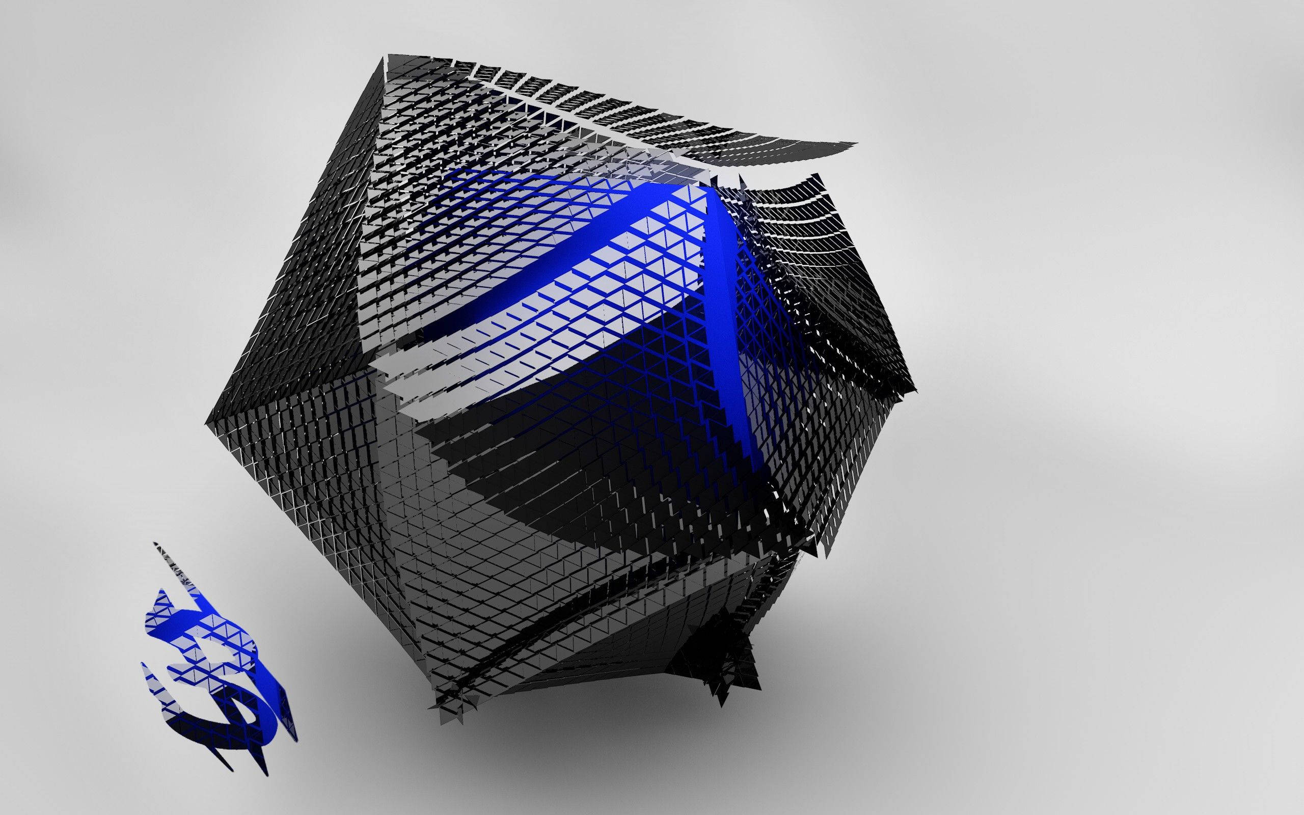 4d, black polygon, blue glowing lines, 2K Desktop Wallpaper
