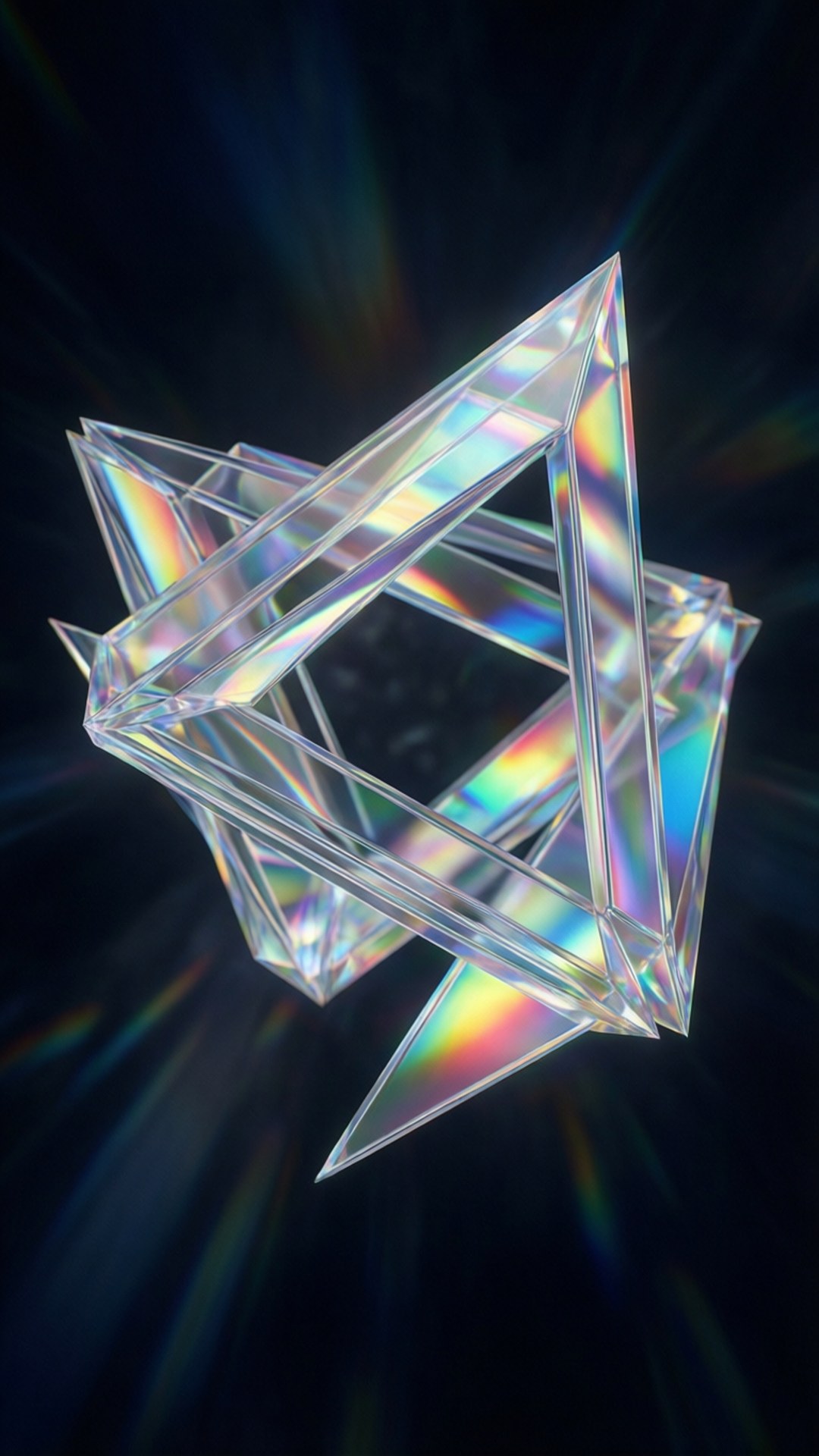 holographic geometry, glowing iridescent geometric starburst sculpture, dark radiant background, Full HD Phone Wallpaper