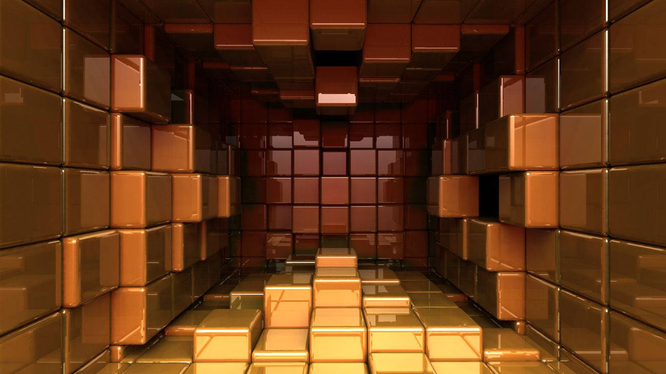 4d, glossy golden cubes, futuristic corridor, HD Desktop Wallpaper