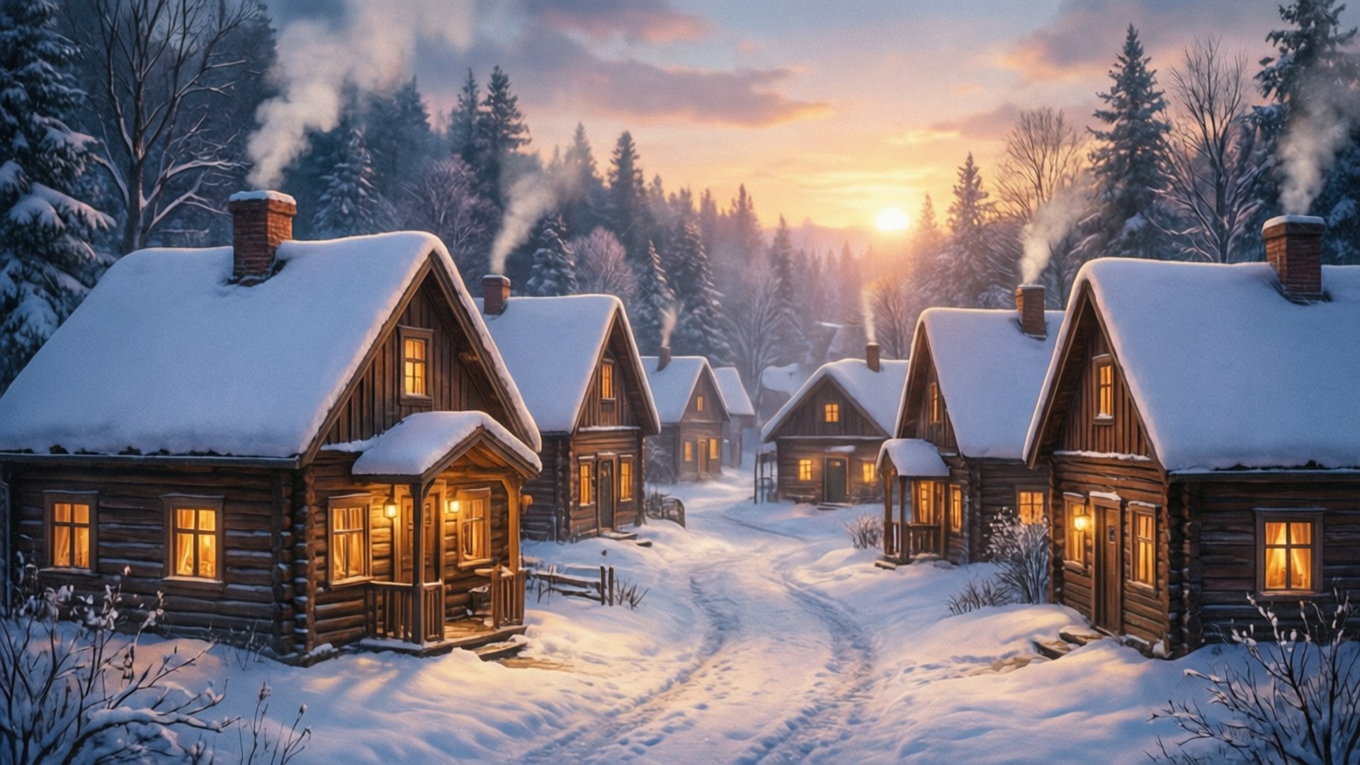 cozy winter village, snow, wooden cabins, Full HD Desktop Wallpaper