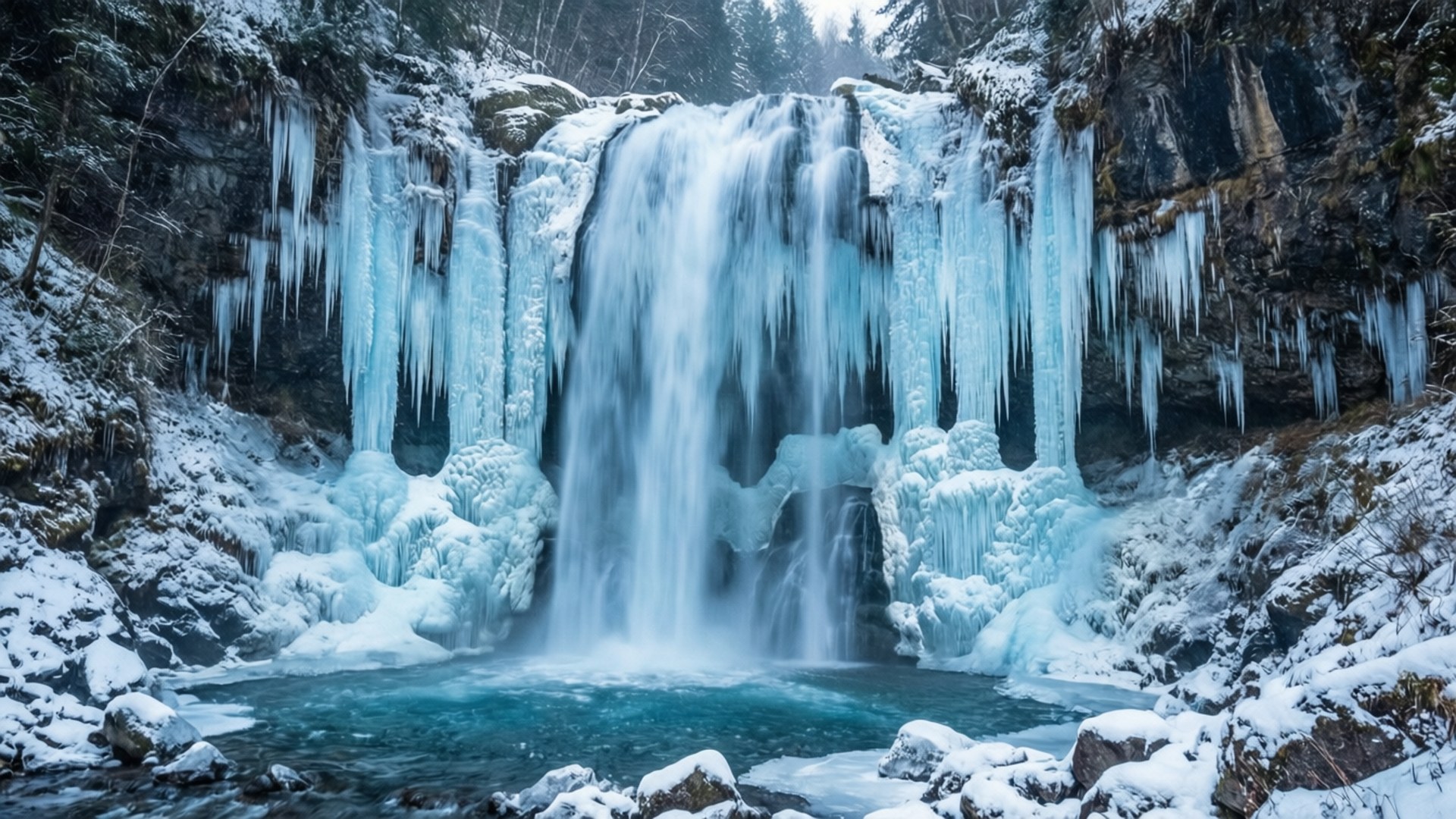 frozen waterfall, icicles, icy blue pools, Full HD Desktop Wallpaper