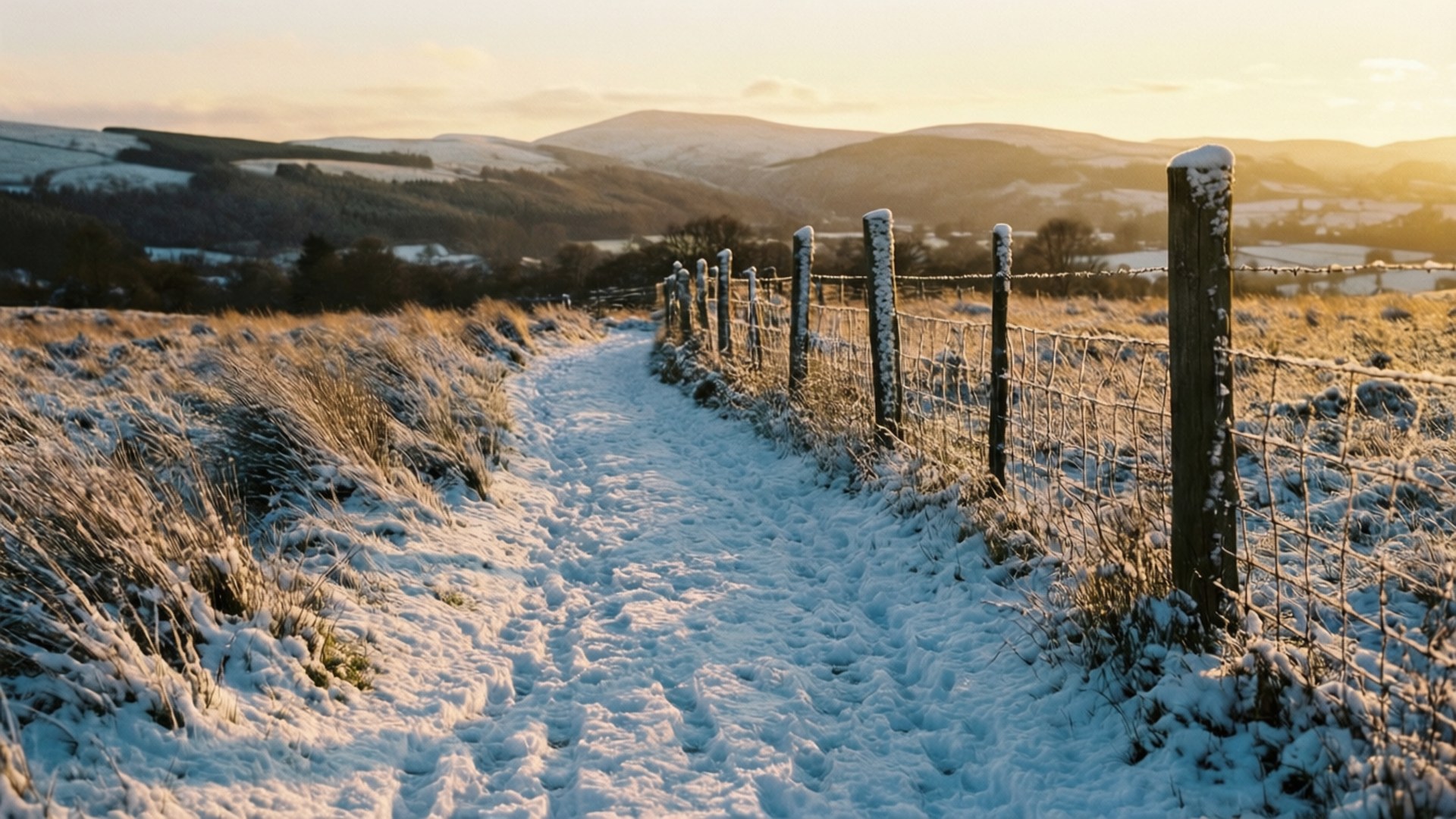 Golden Sunset Path, snowy path, meadow, Full HD Desktop Wallpaper