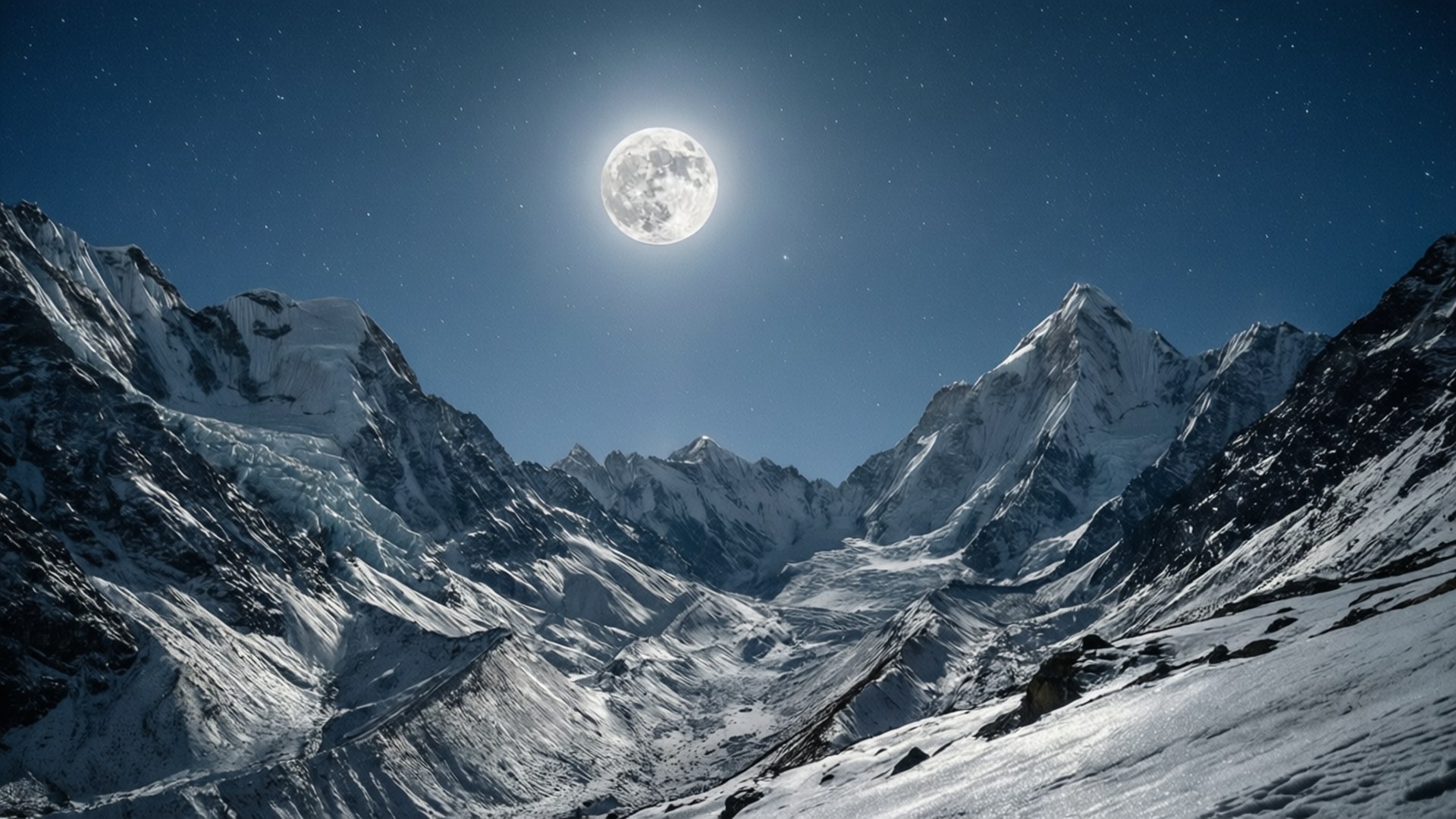 moonlit mountain peaks, full moon, snowcapped mountain peaks, Full HD Desktop Wallpaper