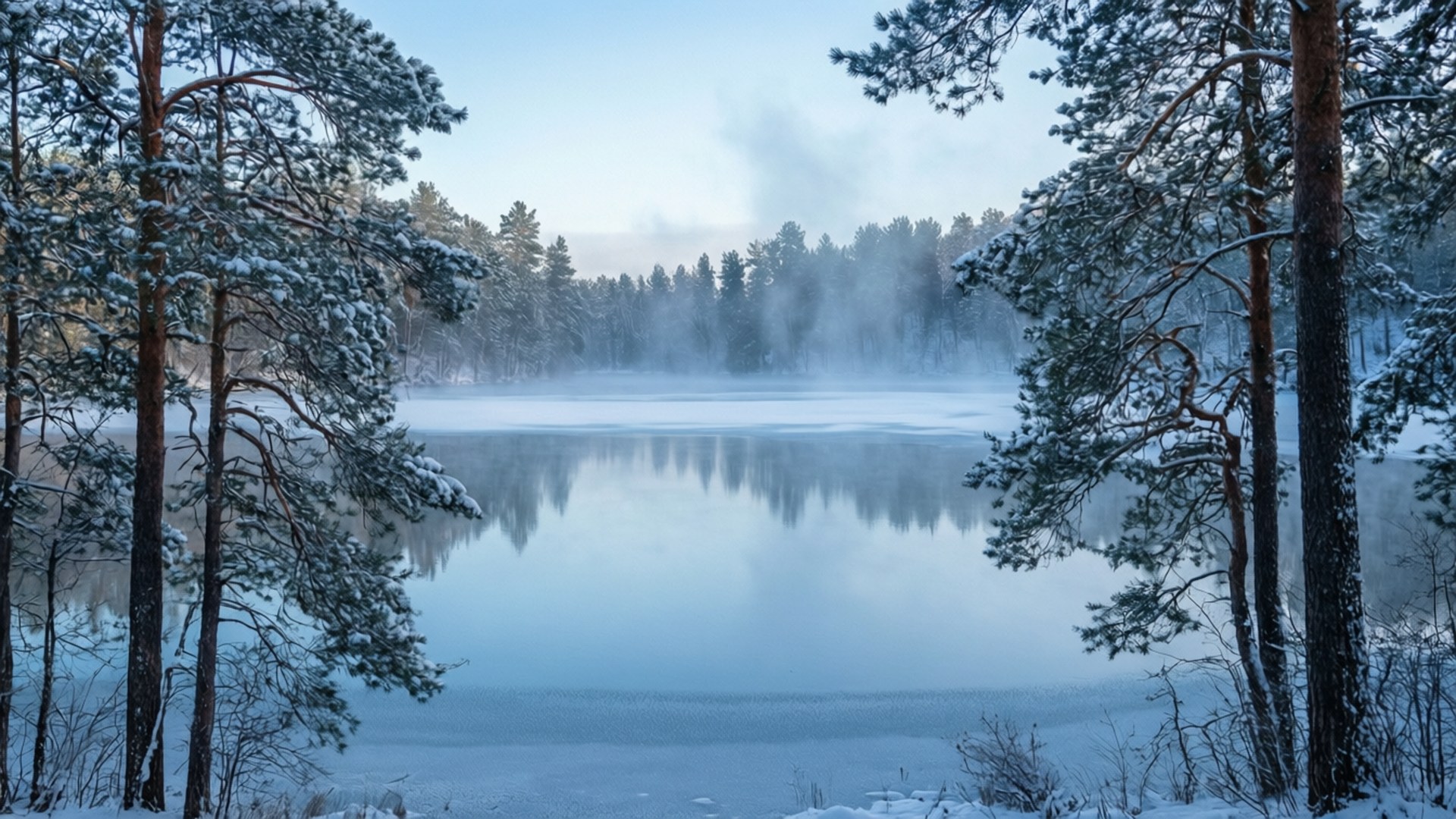 frozen lake, snow-dusted pine trees, pale winter sky, Full HD Desktop Wallpaper