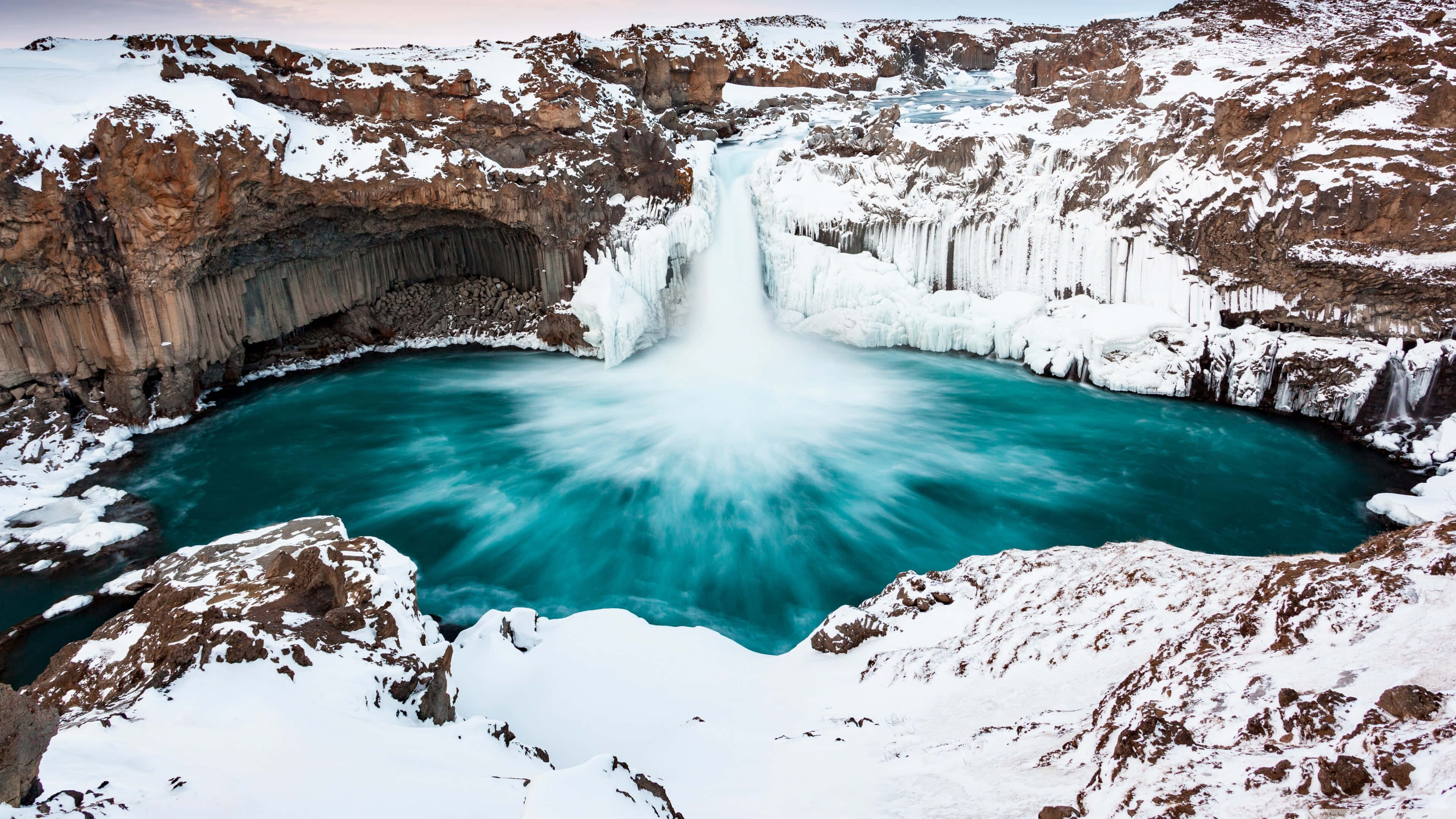 icy waterfall basin, frozen waterfall, vibrant turquoise pool, 4K Desktop Wallpaper