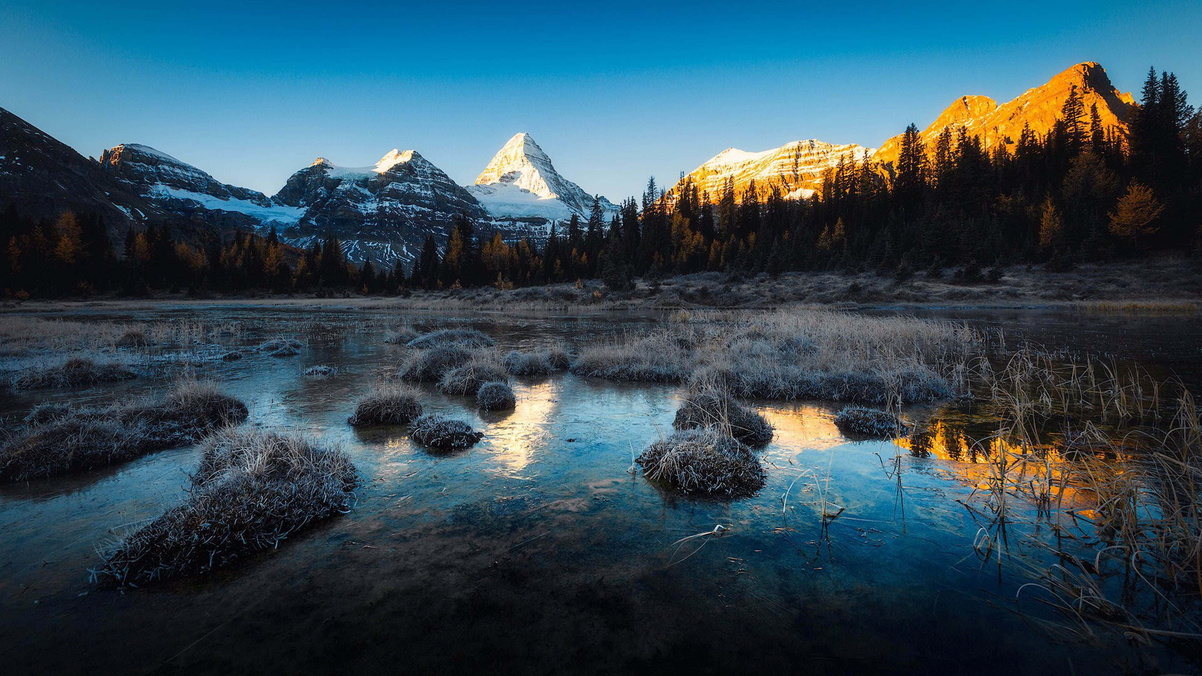 Golden Hour, snowcapped mountains, calm pond, 4K Desktop Wallpaper