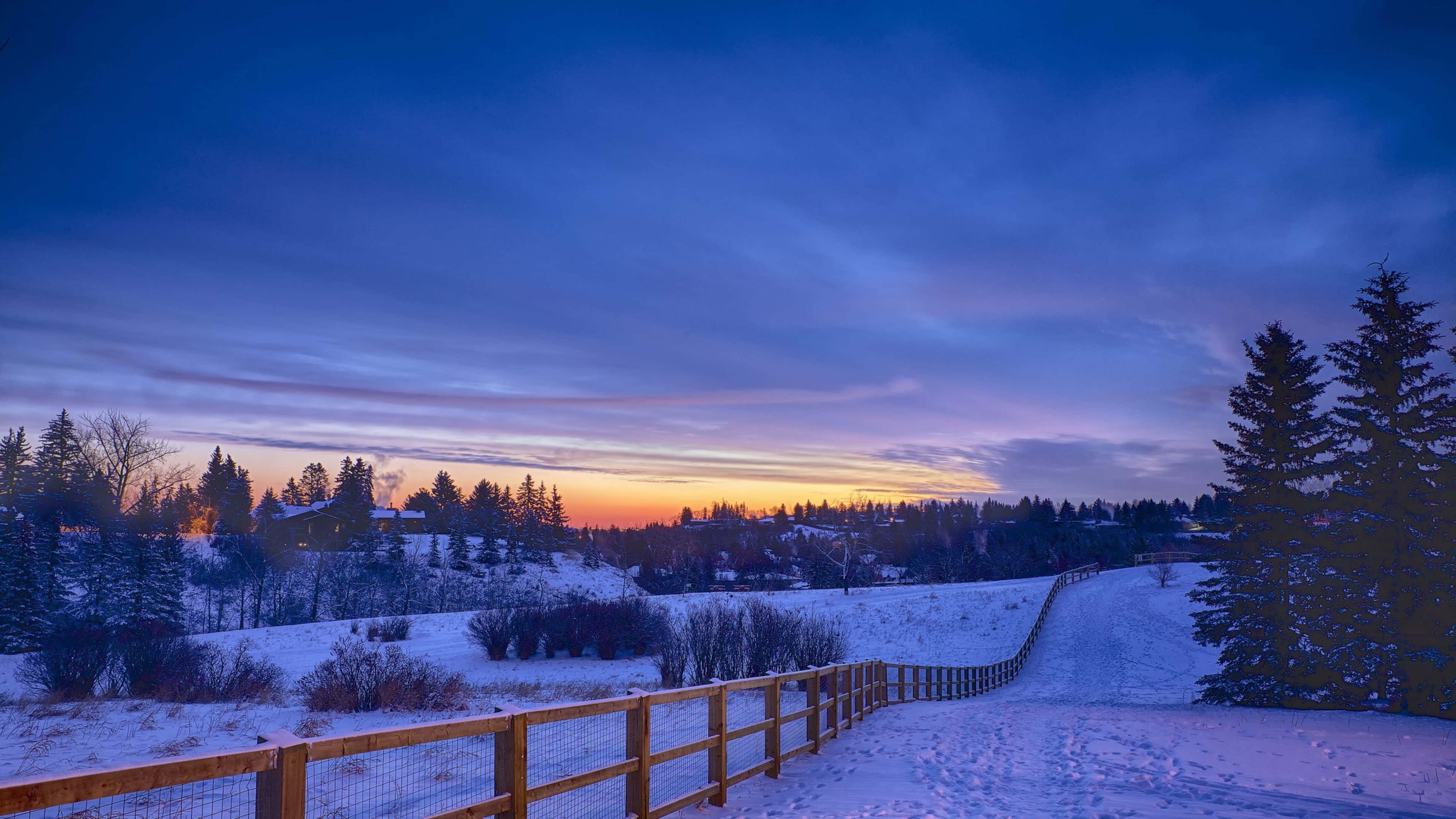 winter sunset, snowy landscape, twilight sky, 4K Desktop Wallpaper