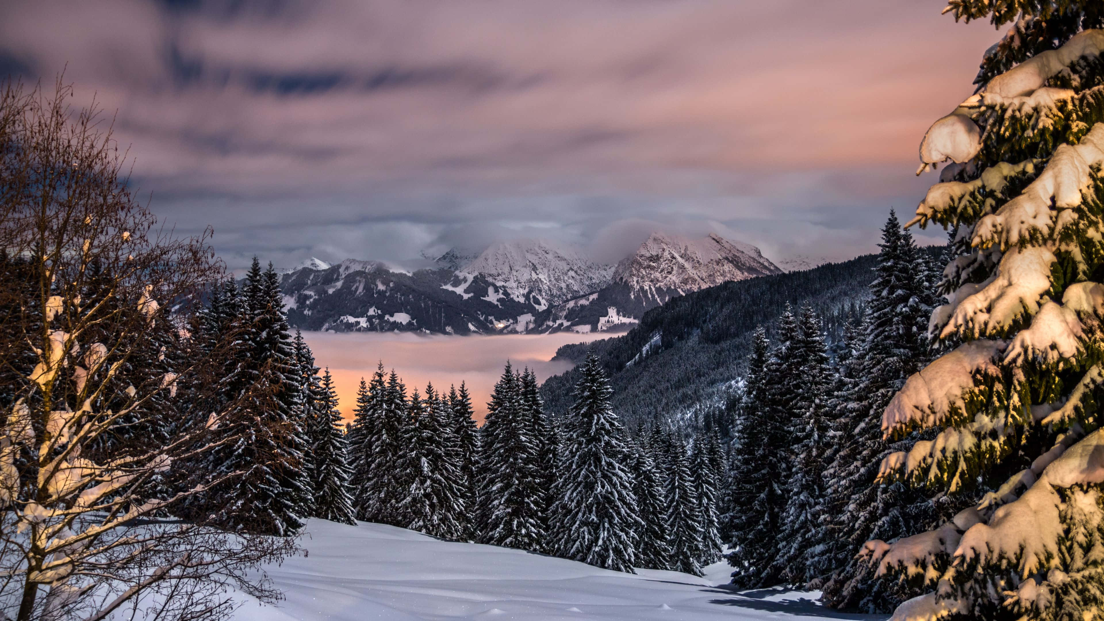 twilight mountain winter scene, 4K, snow, 4K Desktop Wallpaper