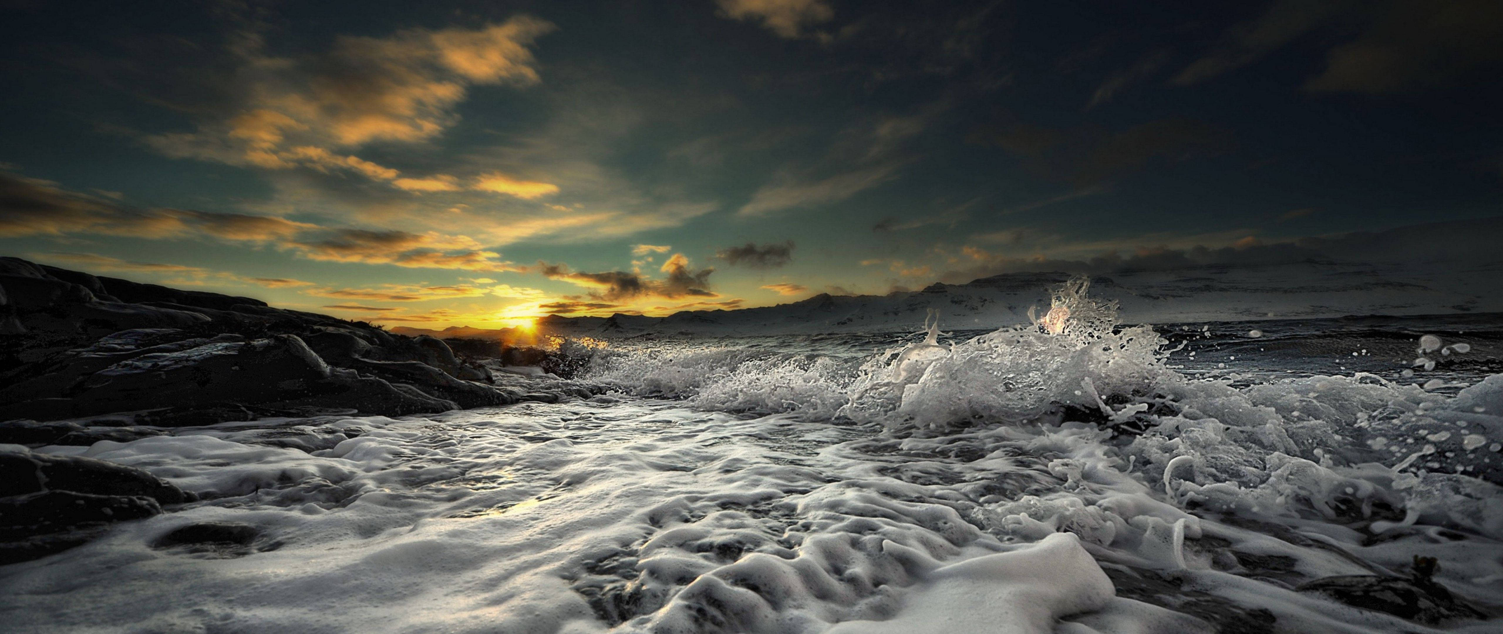 Crashing Waves 4K Ultra Widescreen, ocean waves, dark rocks, 5K Desktop Wallpaper