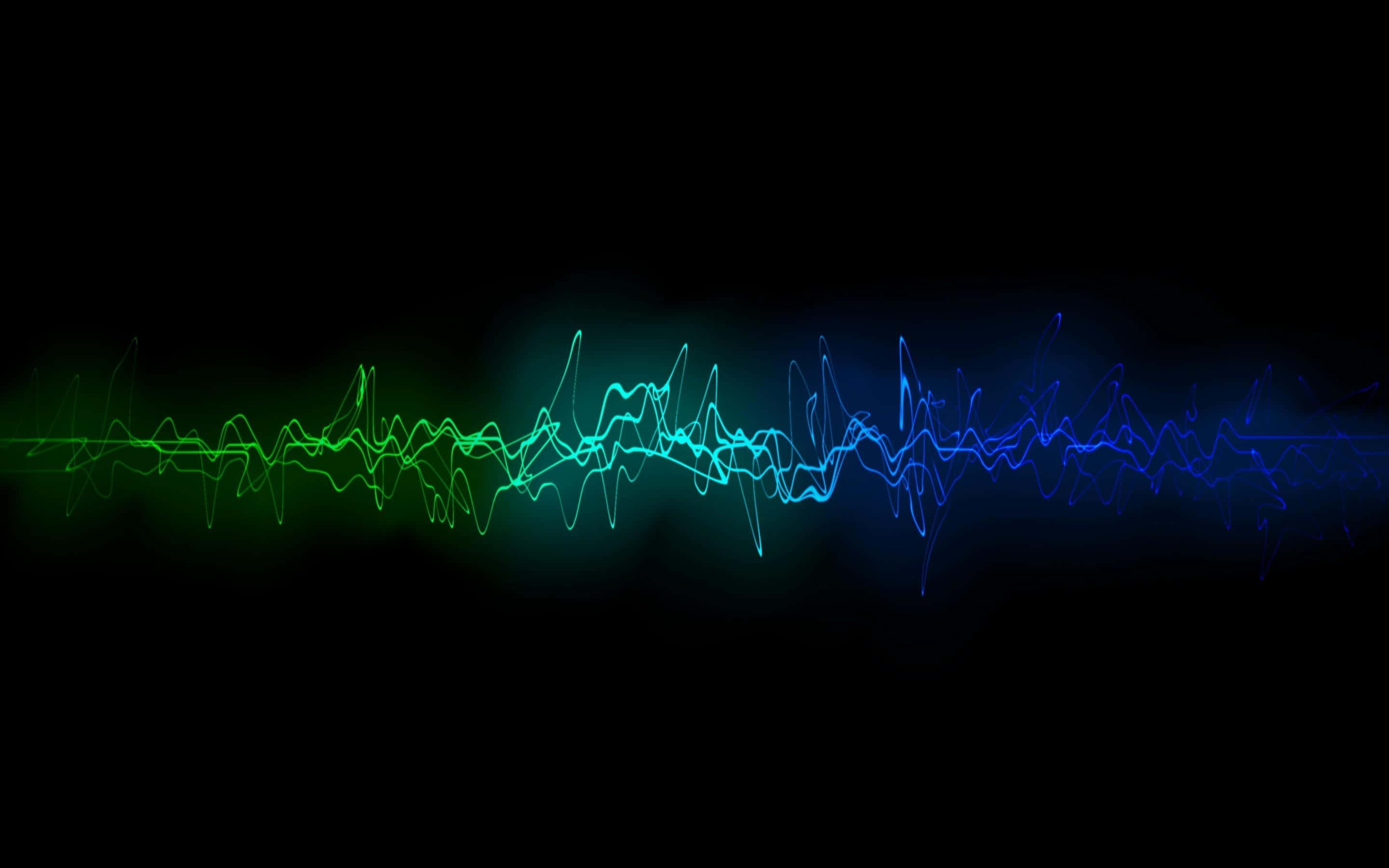 abstract sound wave visualization, vibrant green to blue light waves, black void, 2K Desktop Wallpaper