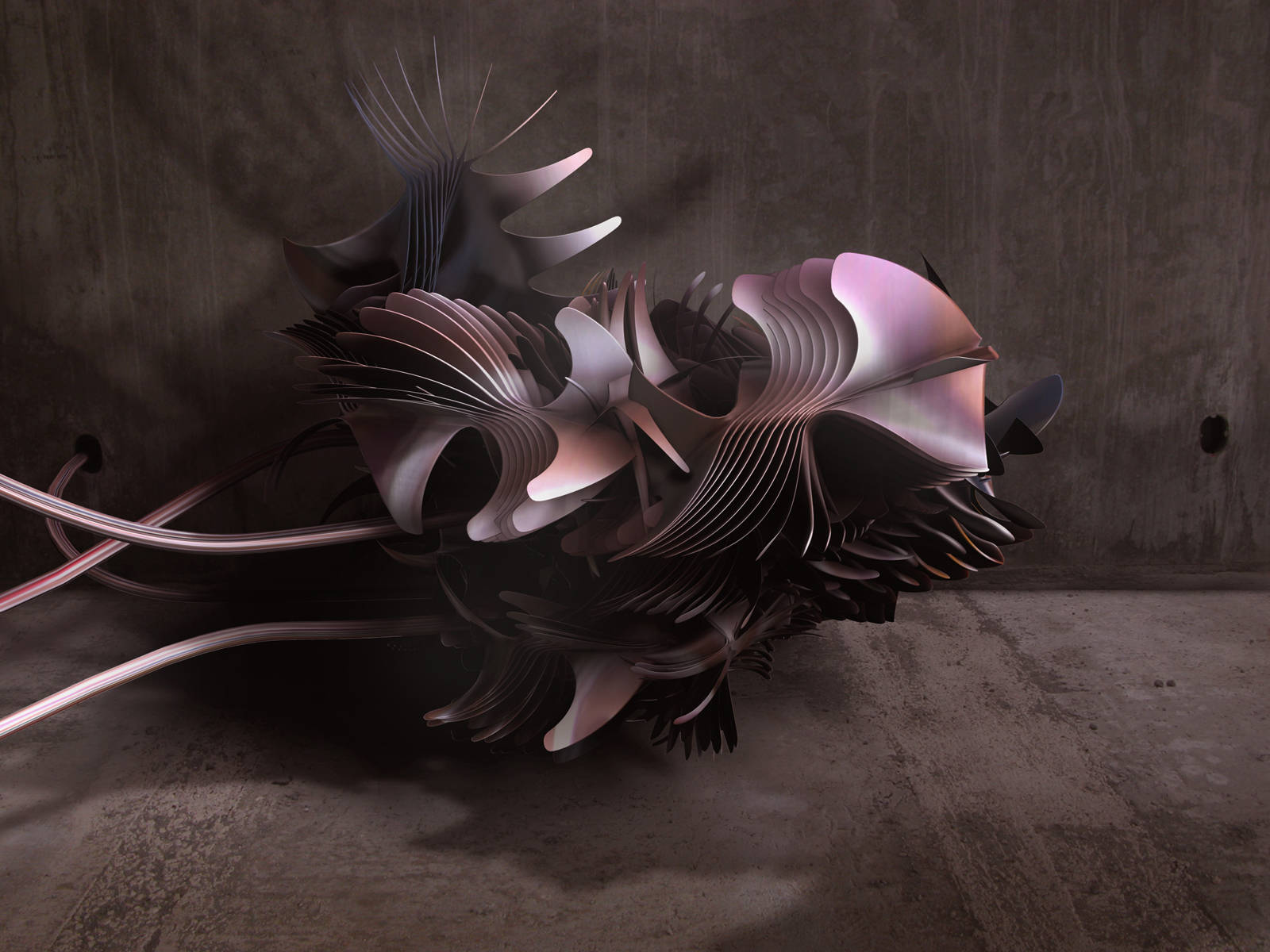 4K Abstract Metallic Figure, metallic sculpture, pink and silver fins, HD Desktop Wallpaper