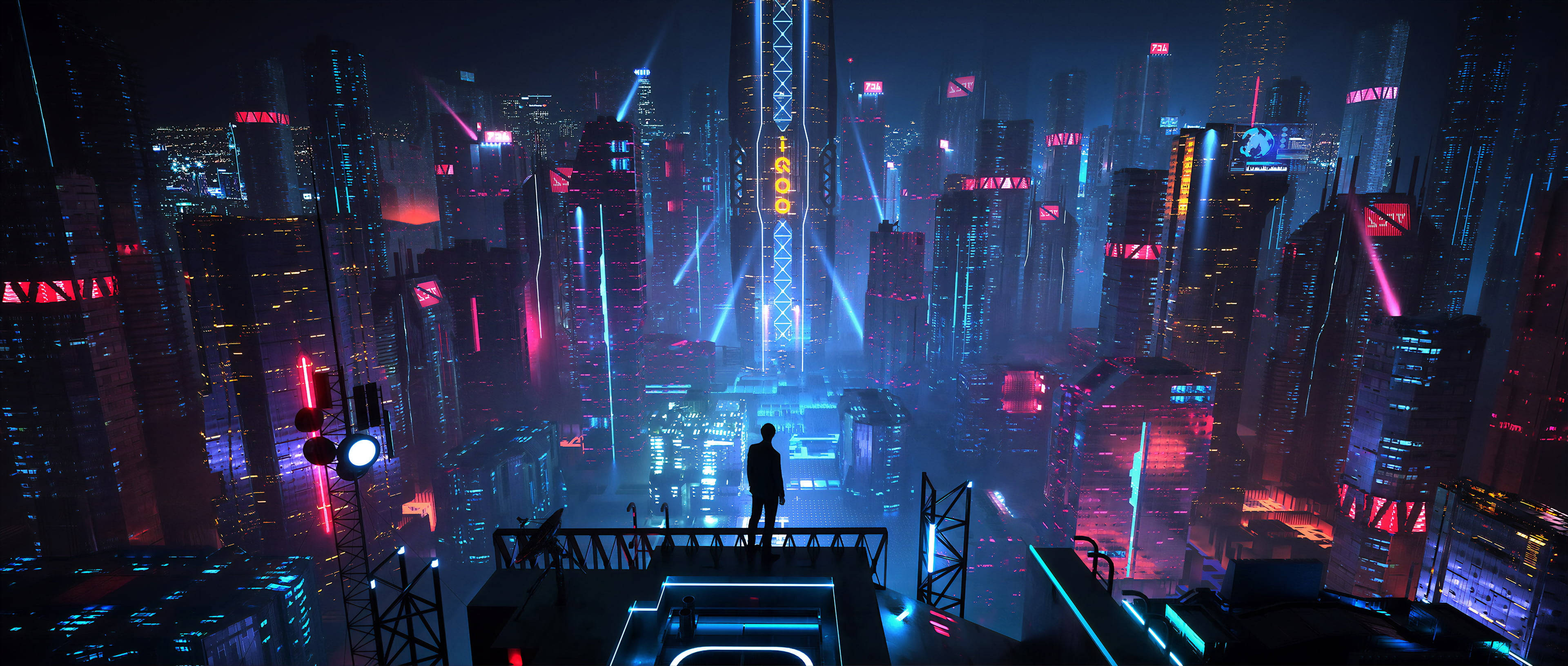 cyberpunk cityscape, neon-drenched, rooftop, 4K Desktop Wallpaper