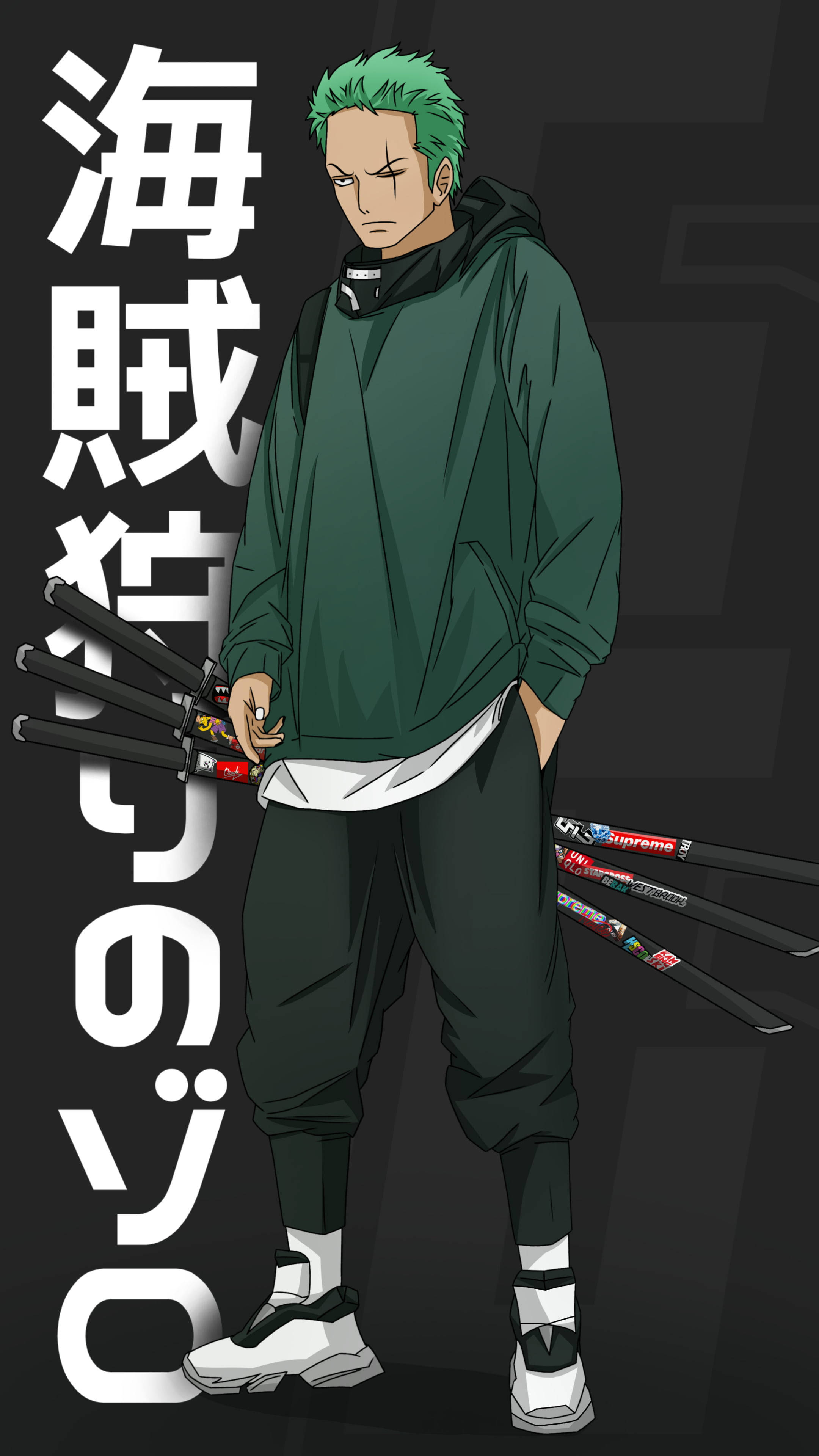 green-haired anime pirate, dark hoodie, multiple swords, 4K Phone Wallpaper