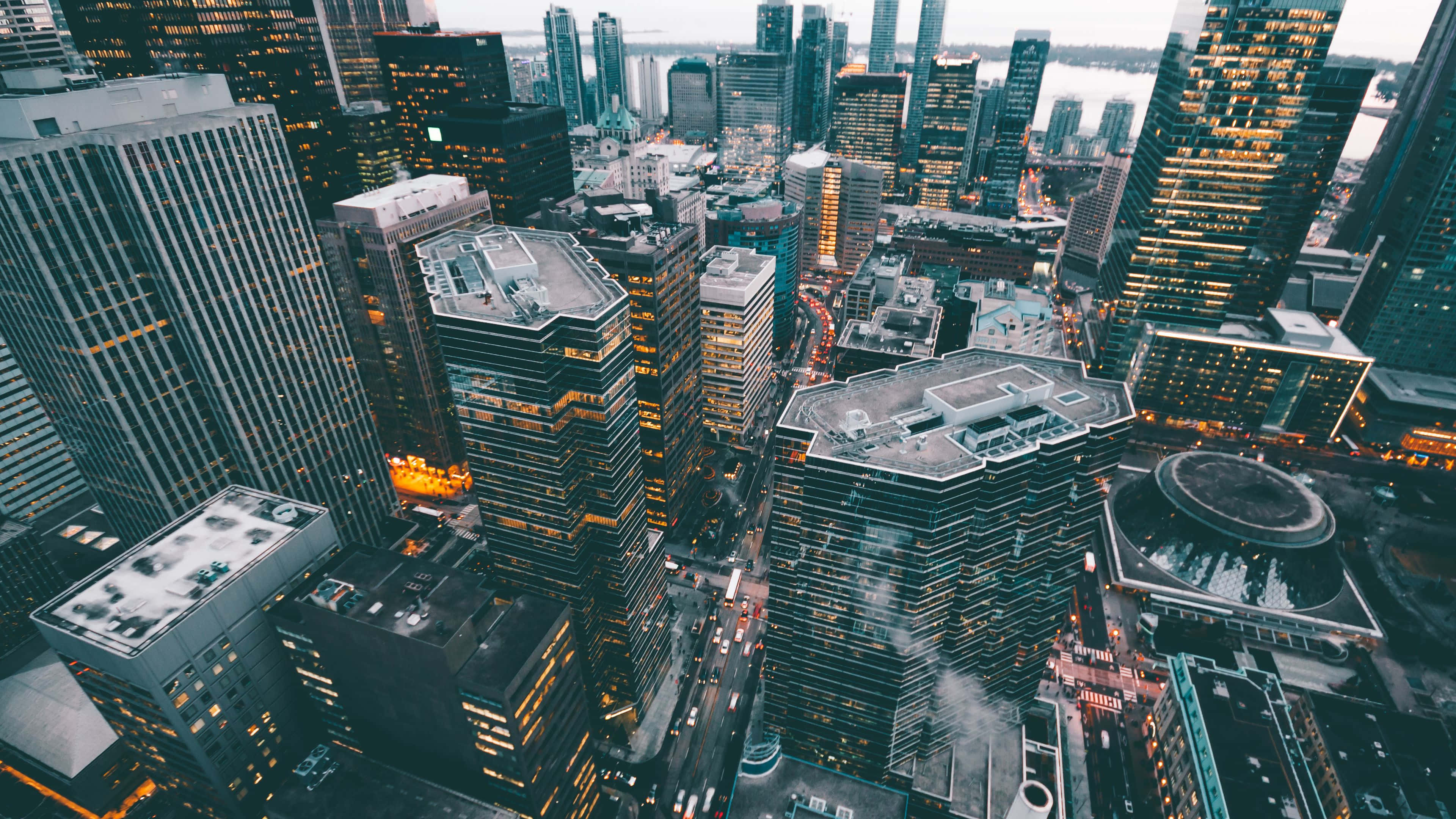twilight cityscape, aerial view, urban skyline, 4K Desktop Wallpaper