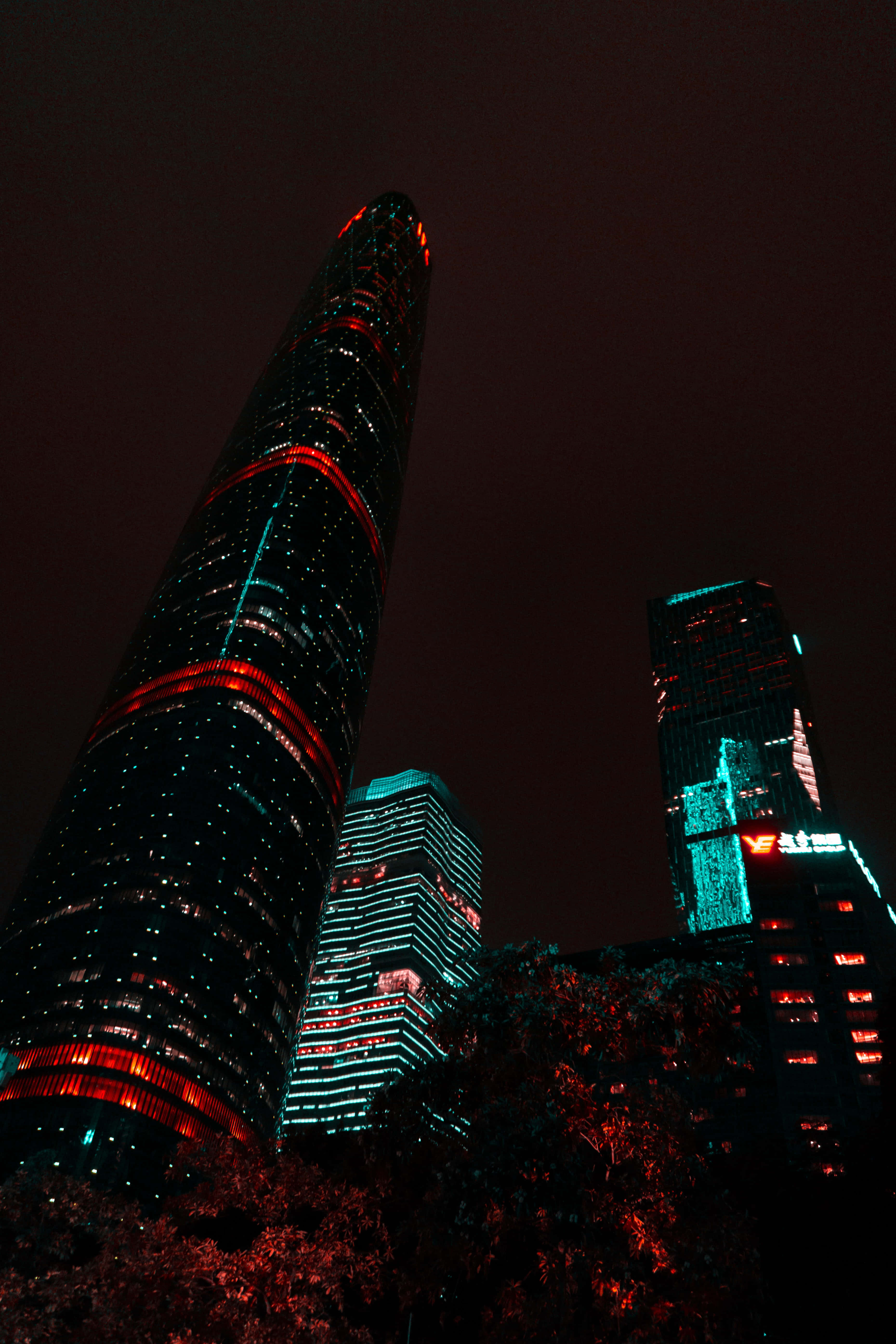 4K Ultra HD Android, skyscraper, red and teal lights, 5K Phone Wallpaper
