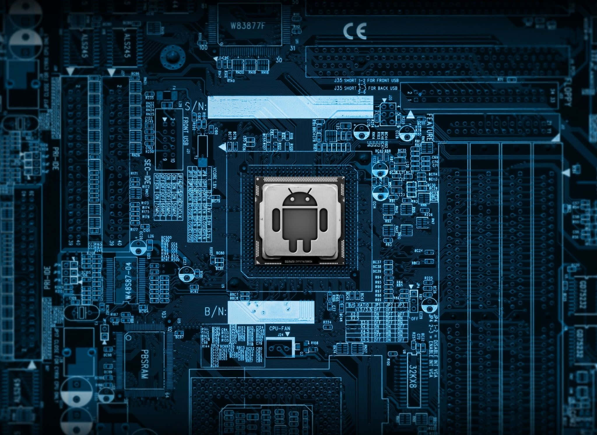 Android, blue-tinted computer motherboard, Android logo, Full HD Desktop Wallpaper
