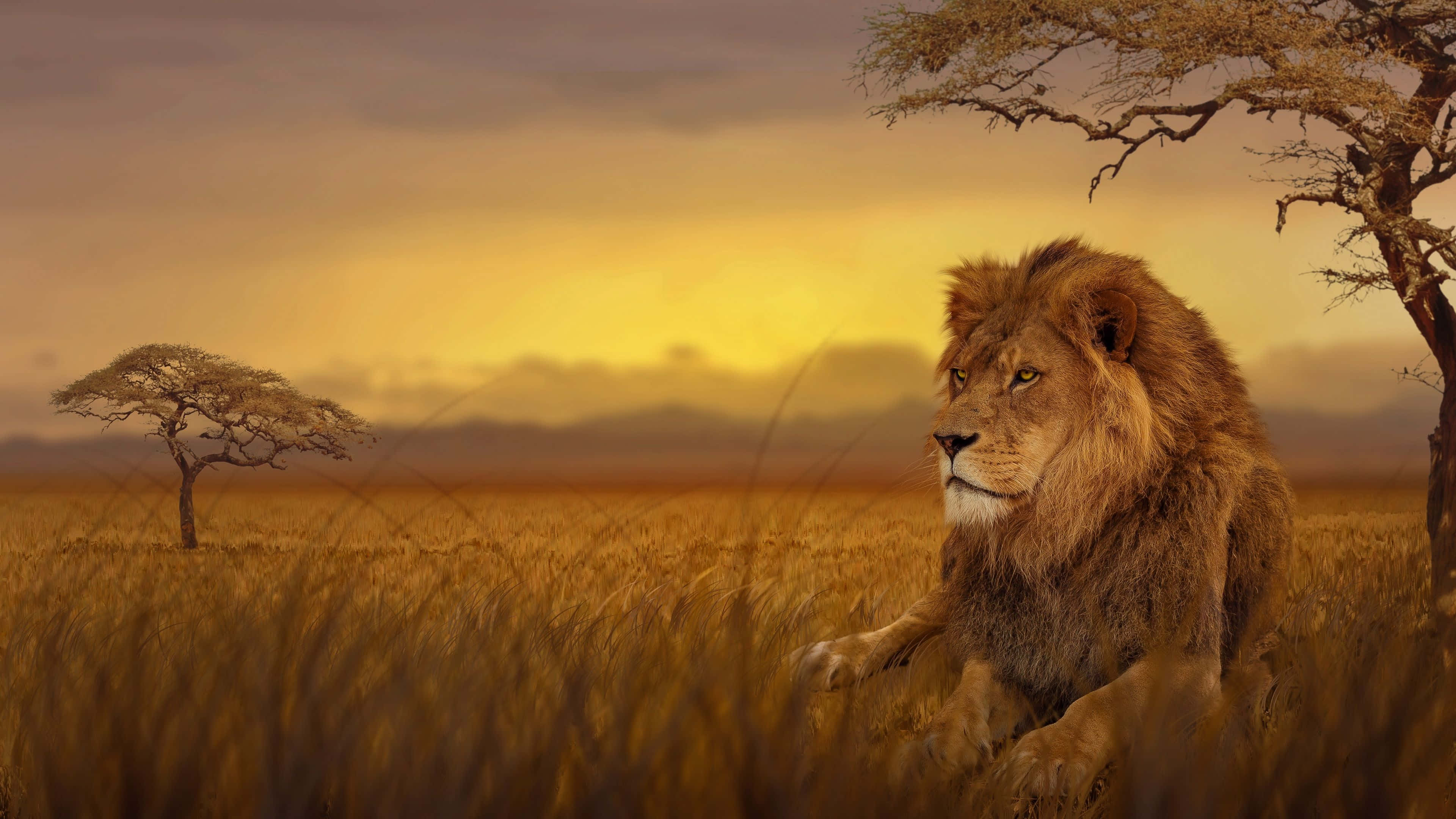majestic lion, sunset, savanna, 4K Desktop Wallpaper