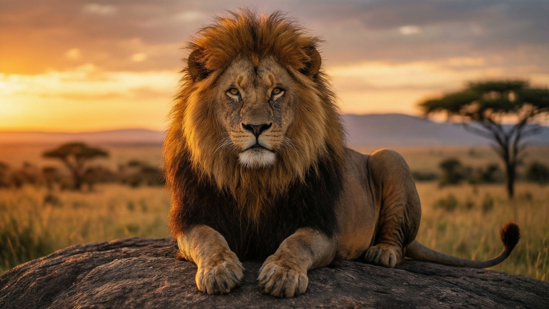 lion, sunset, rock, Full HD Desktop Wallpaper