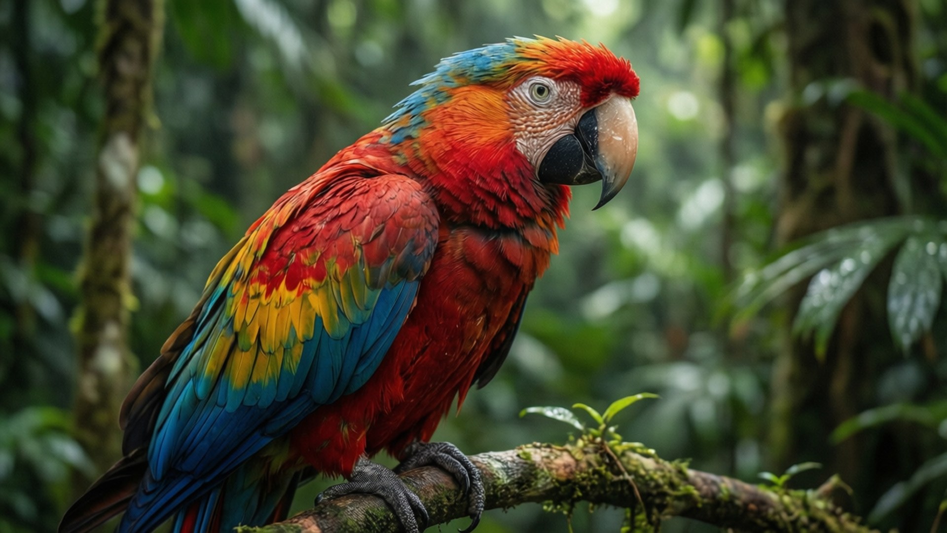 vibrant parrot, rainforest, lush tropical setting, Full HD Desktop Wallpaper