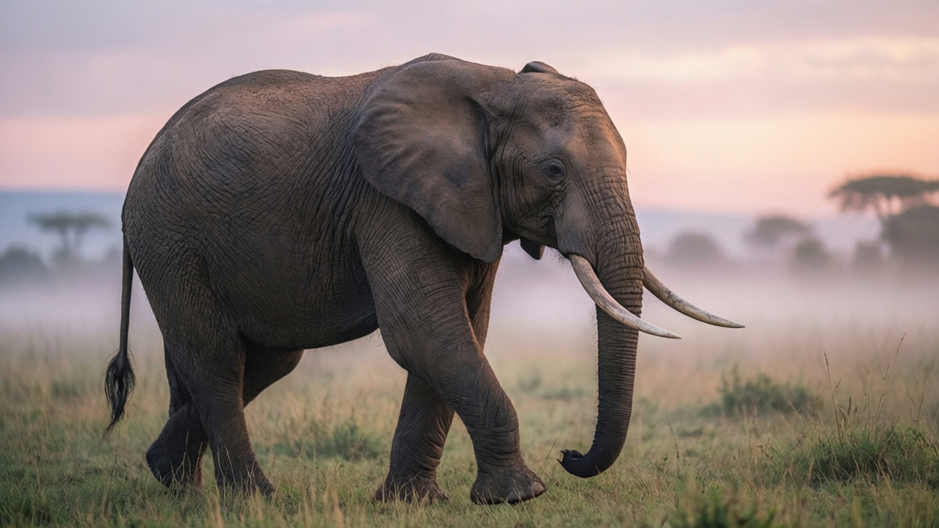 gentle elephant, dawn, misty morning light, Full HD Desktop Wallpaper