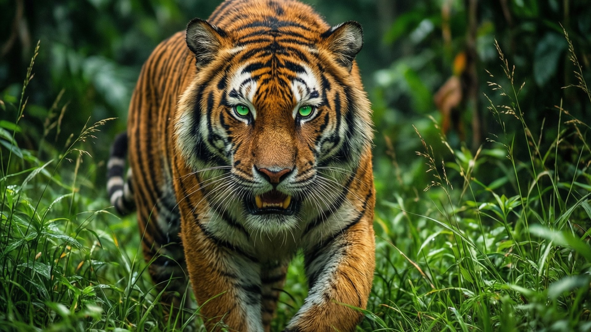 fierce tiger, jungle, lush jungle grass, Full HD Desktop Wallpaper