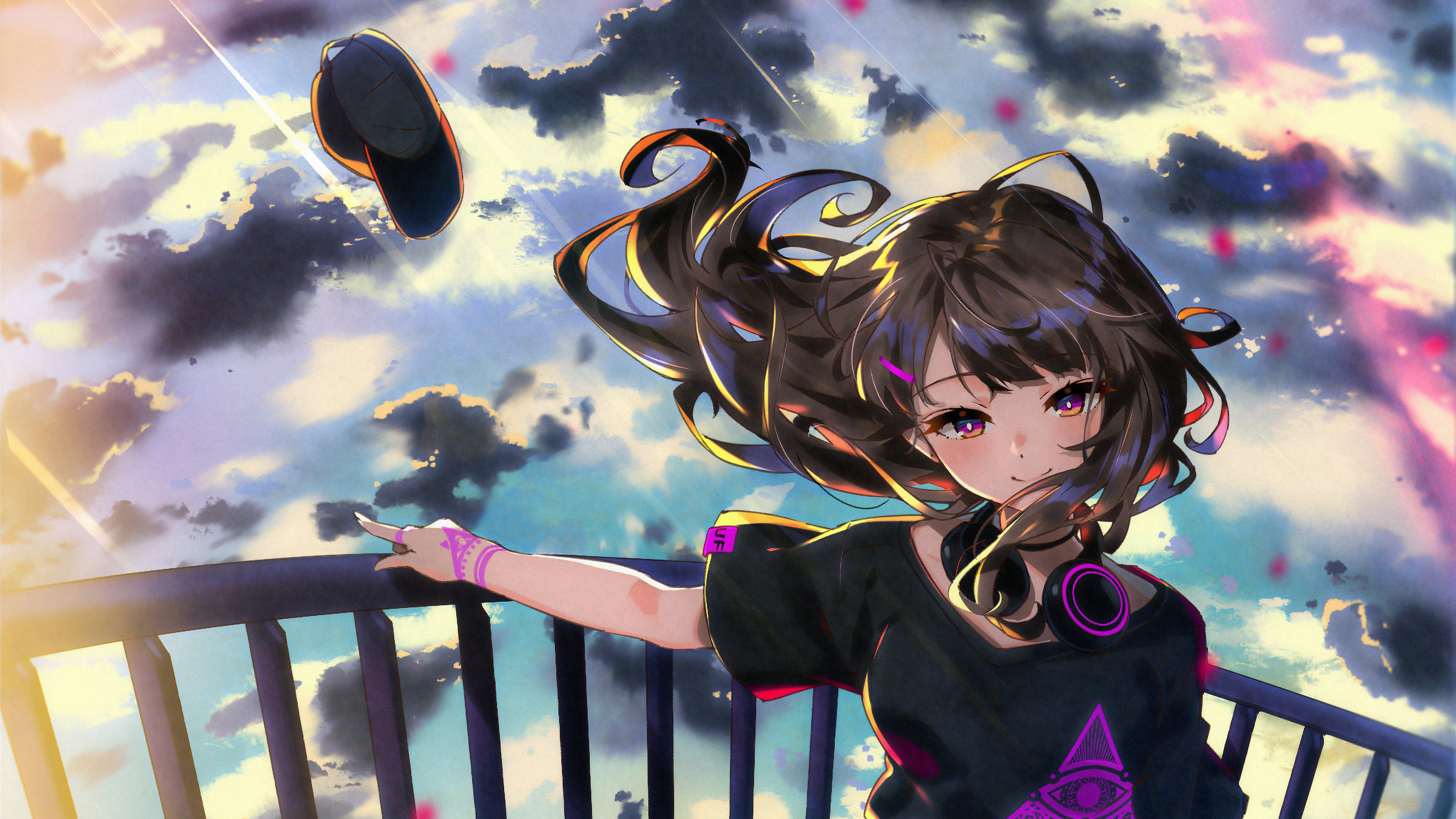 anime girl, glowing hair, vibrant sunset sky, 4K Desktop Wallpaper