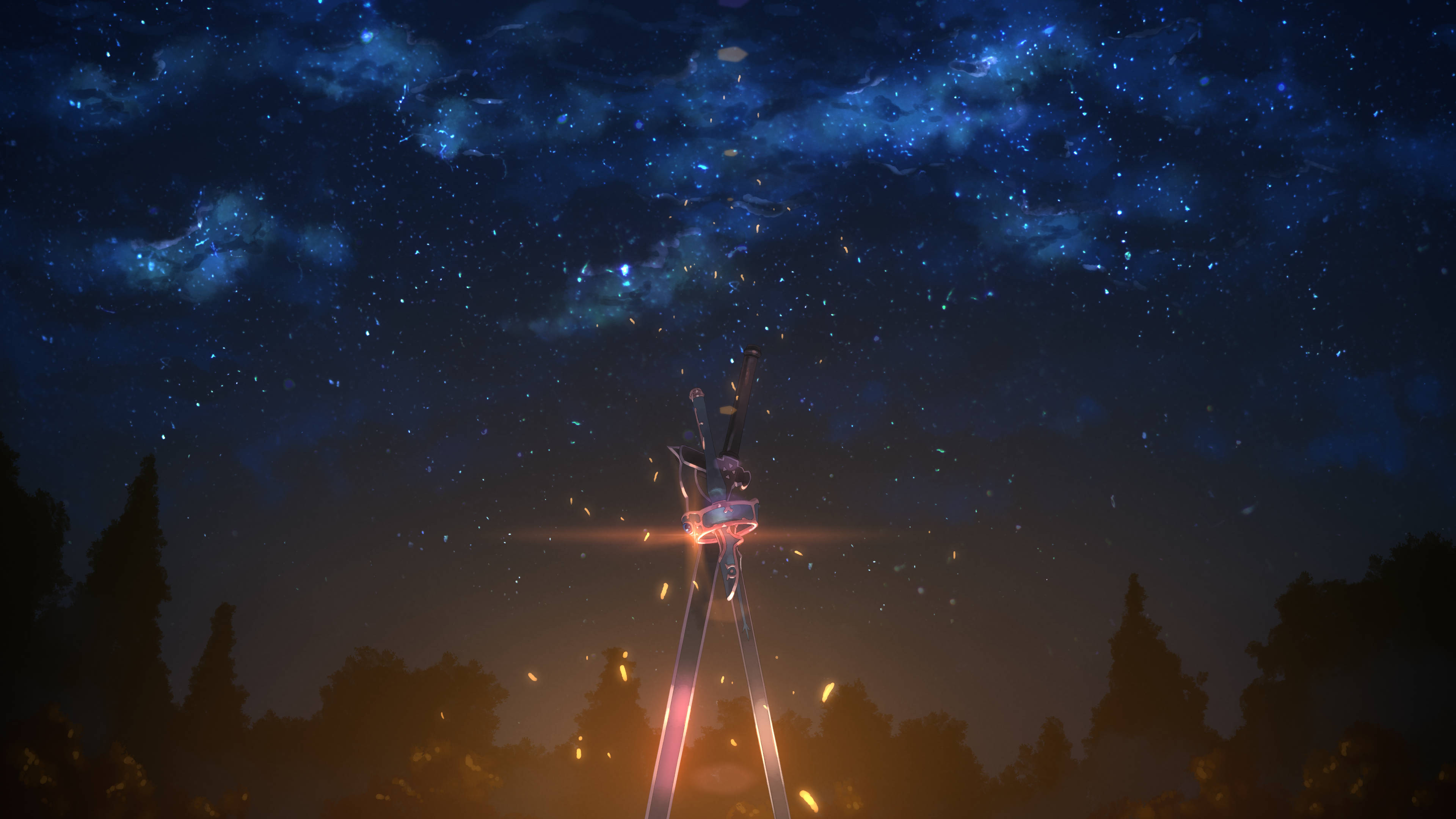 glowing wind turbine, starry night sky, swirling blue nebulae, 4K Desktop Wallpaper