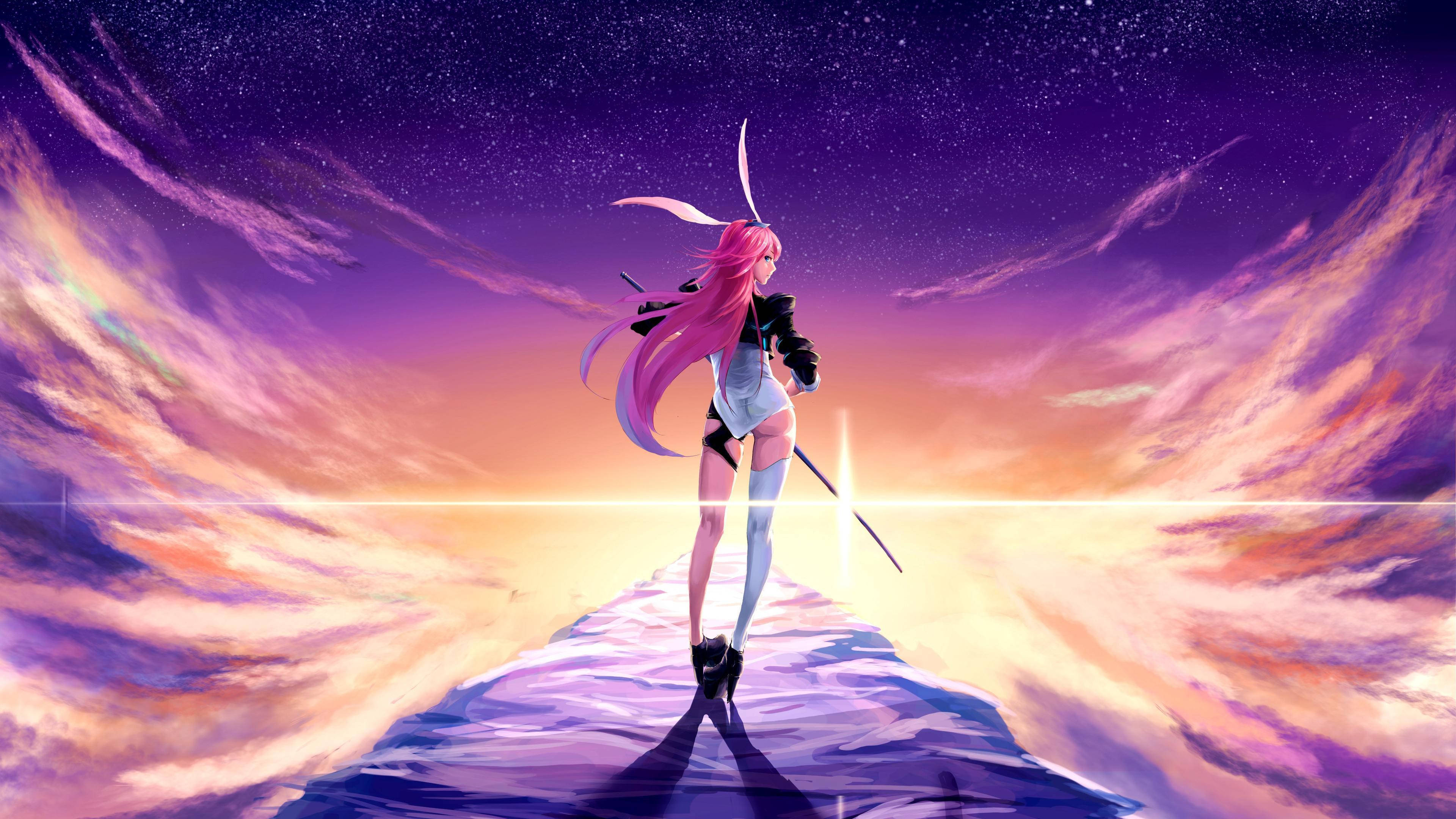 pink-haired anime girl, bunny ears, glowing path, 4K Desktop Wallpaper