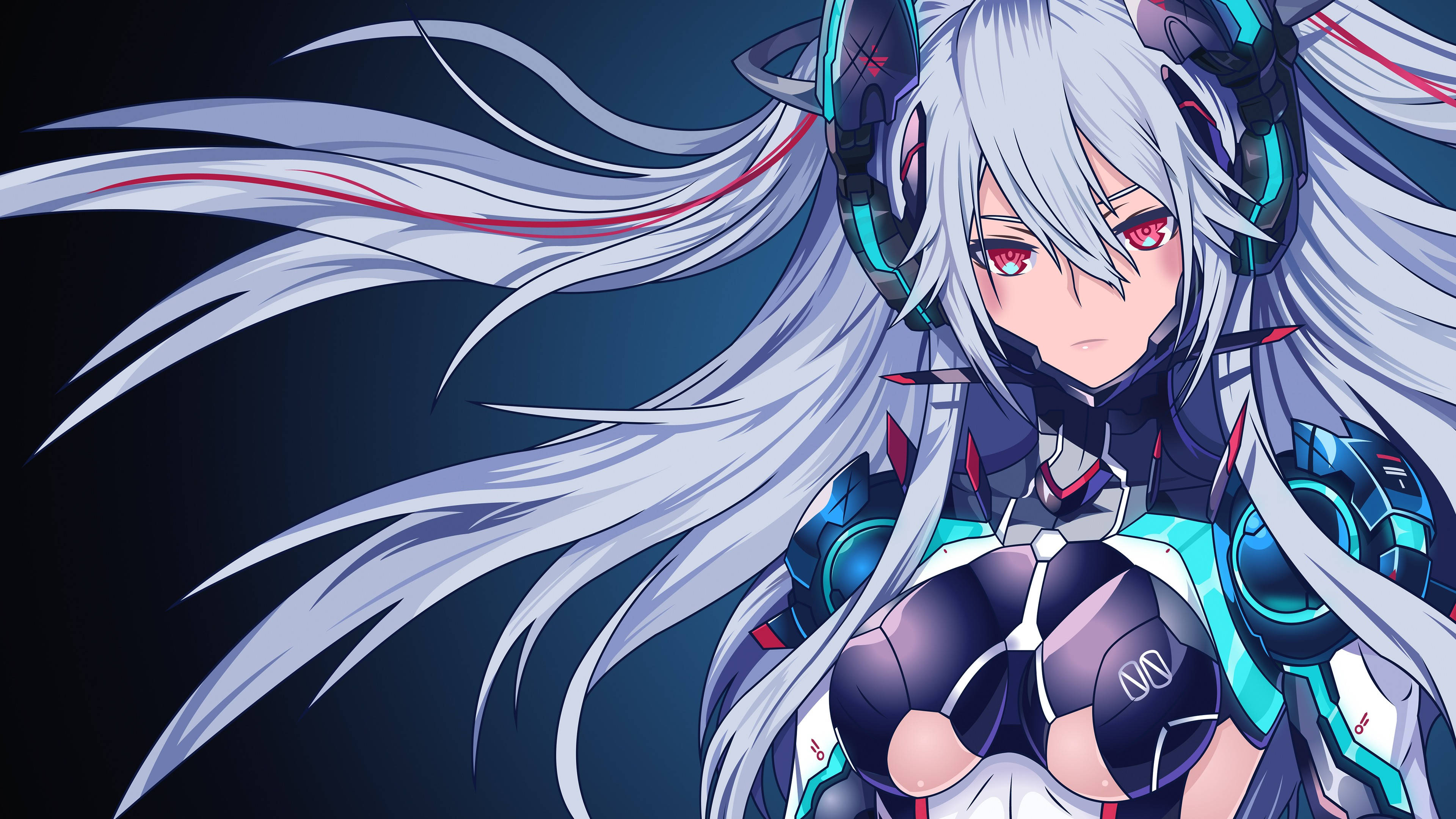 cyberpunk anime girl, silver hair, red eyes, 4K Desktop Wallpaper