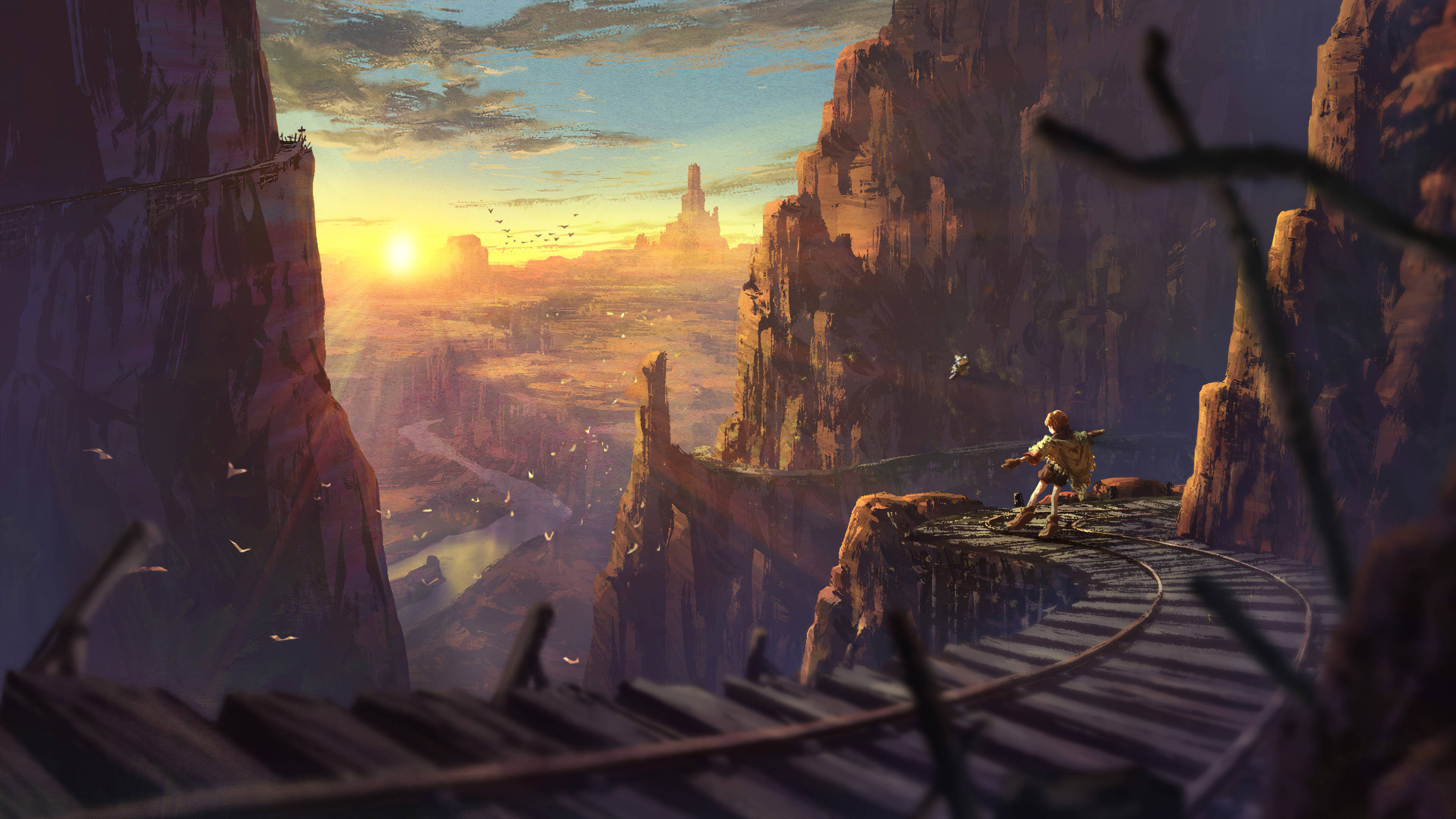 4K Anime Art, sunset, cliffside path, 4K Desktop Wallpaper