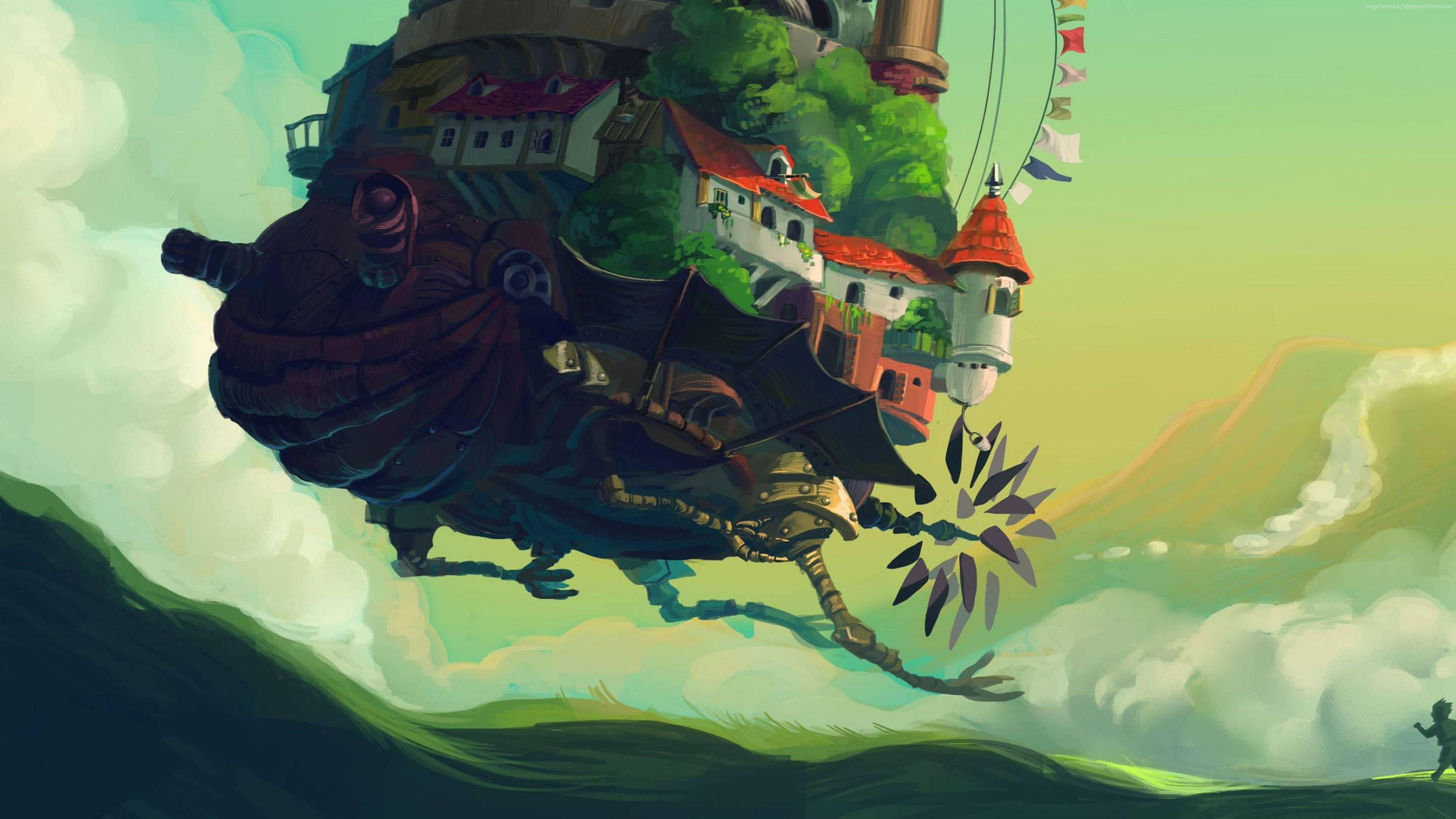 4K anime art, whimsical floating island village, red-roofed houses, 4K Desktop Wallpaper