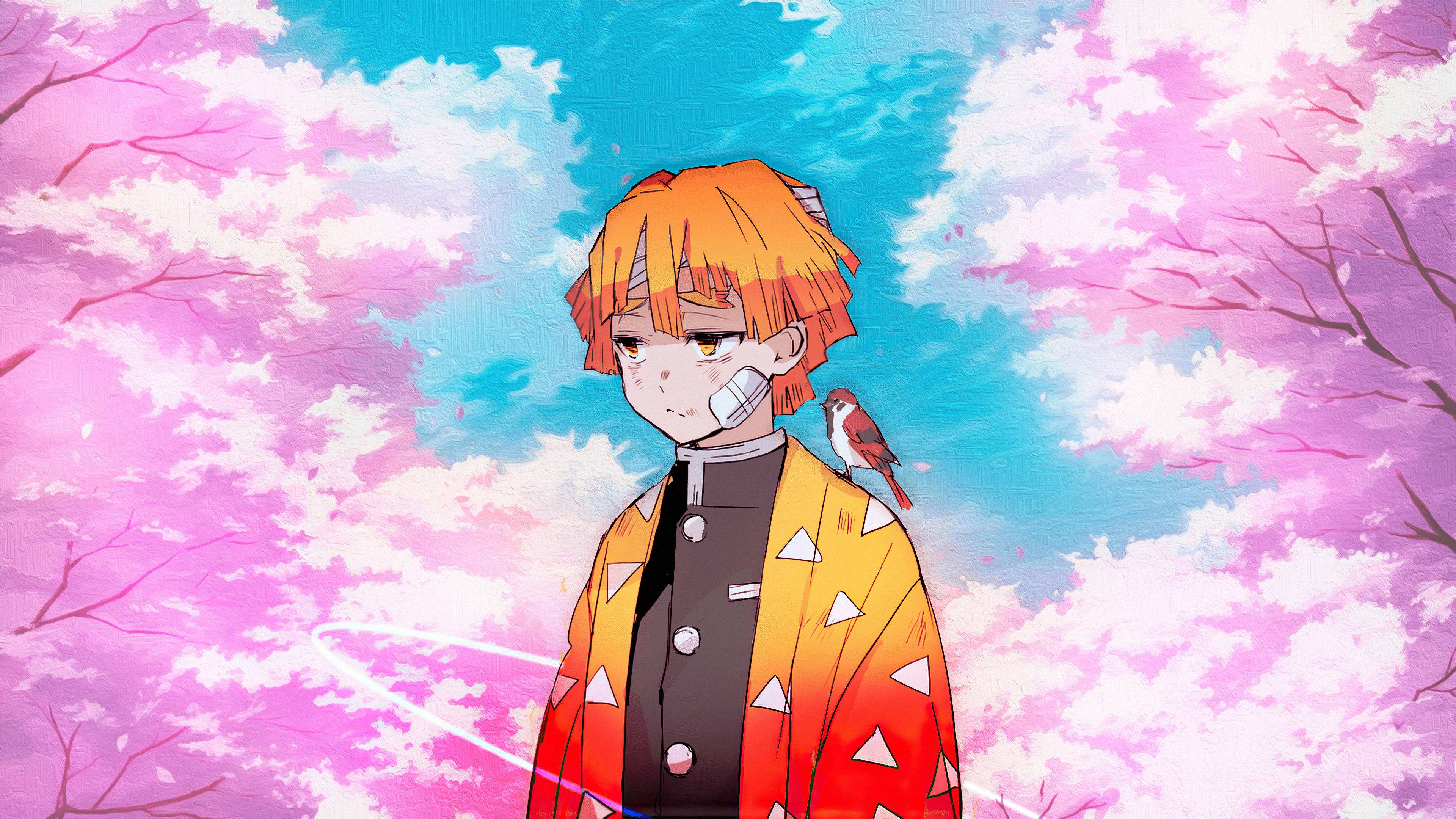 orange hair, bird perched on shoulder, canopy of pink cherry blossoms, 4K Desktop Wallpaper