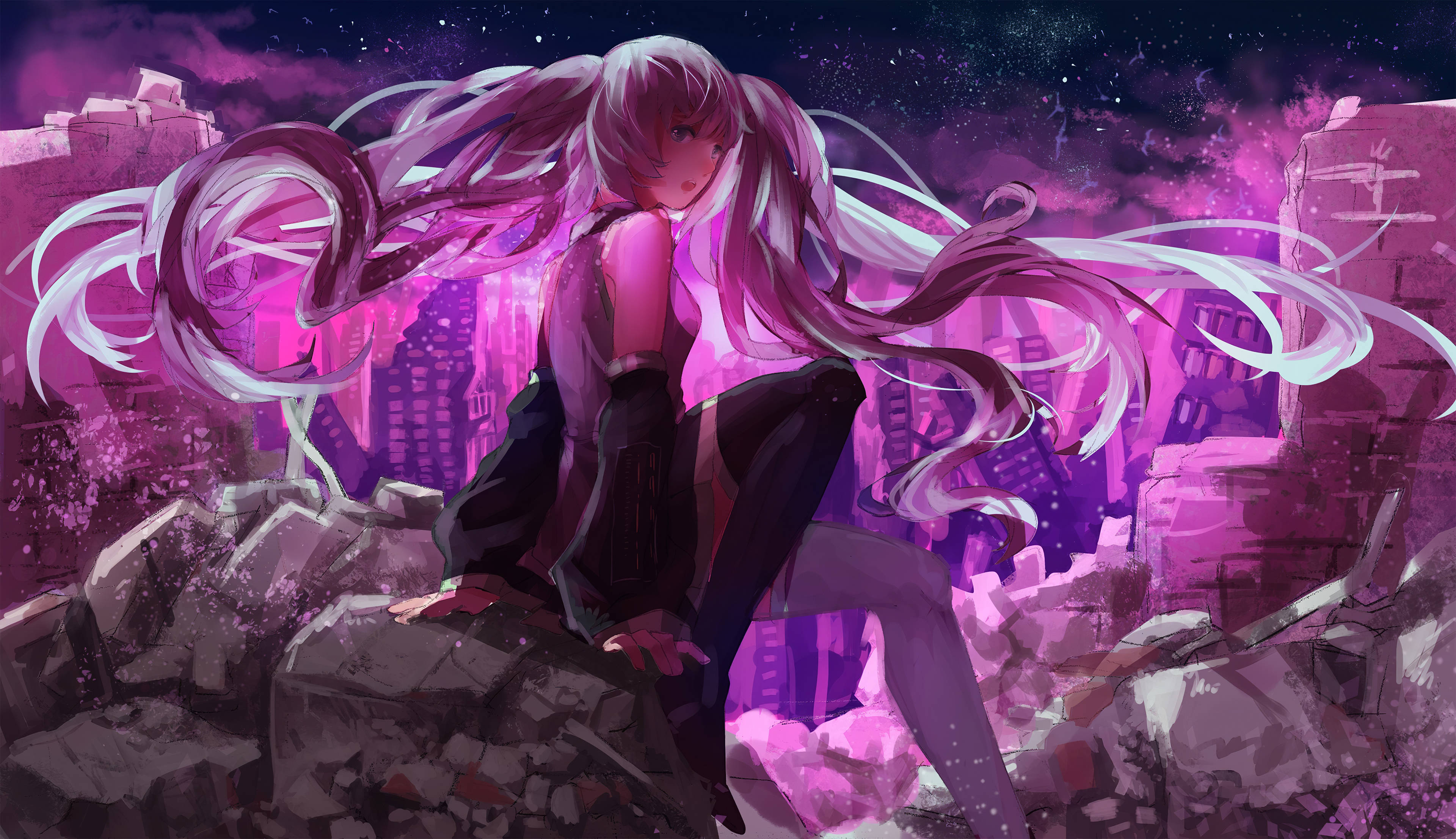 pink-haired anime girl, flowing hair, rubble, 4K Desktop Wallpaper