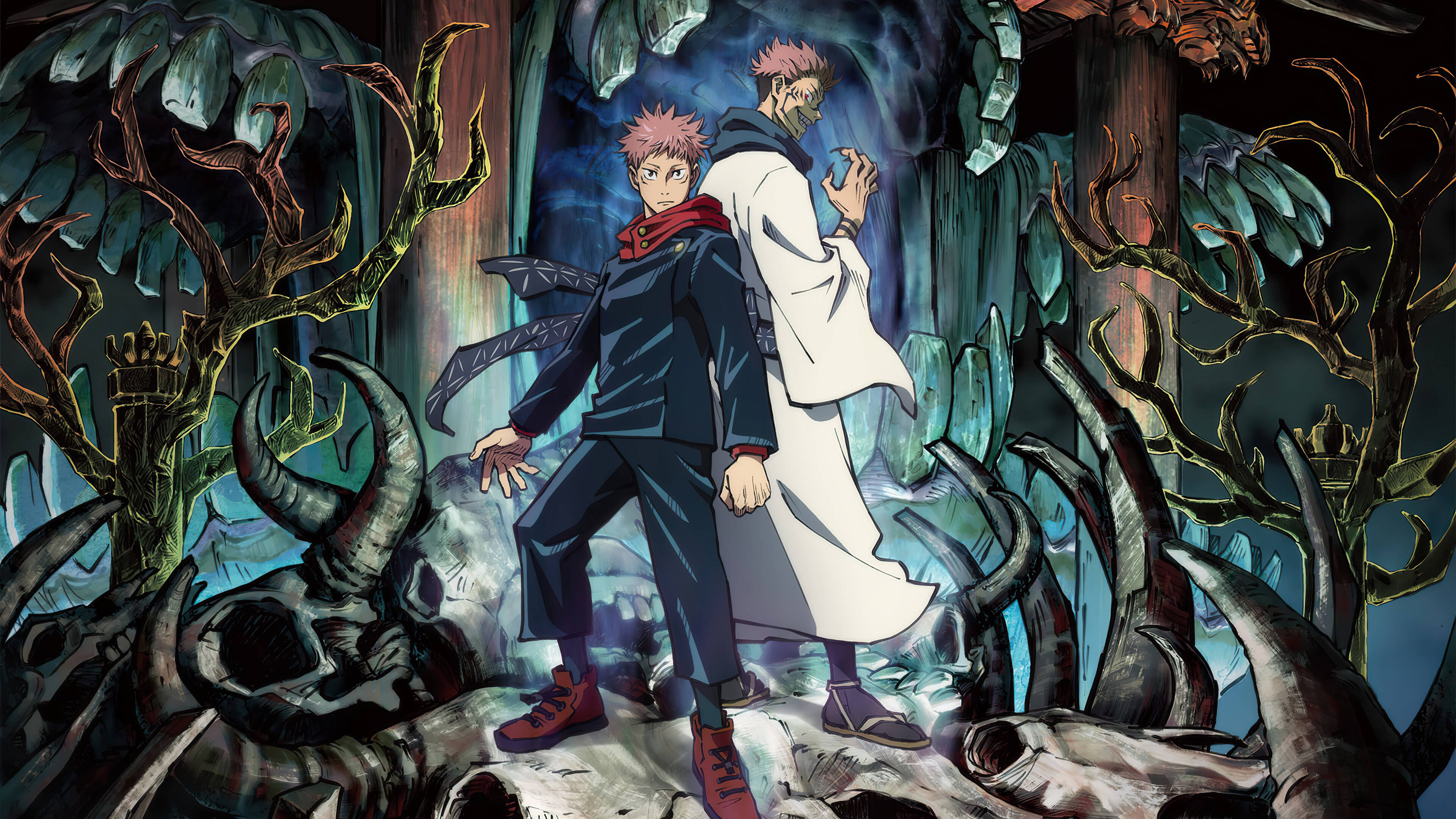 4K Anime Art, anime characters, dark mystical forest, 4K Desktop Wallpaper