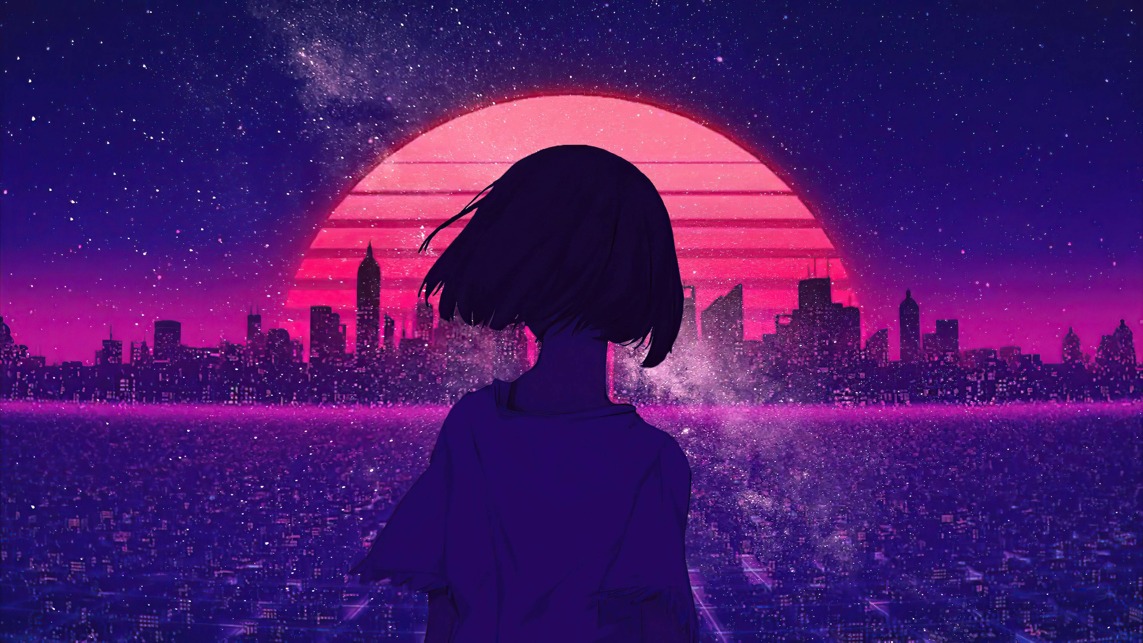 dreamy blue-eyed girl, cherry blossom petals, glowing pink sunset, 4K Desktop Wallpaper