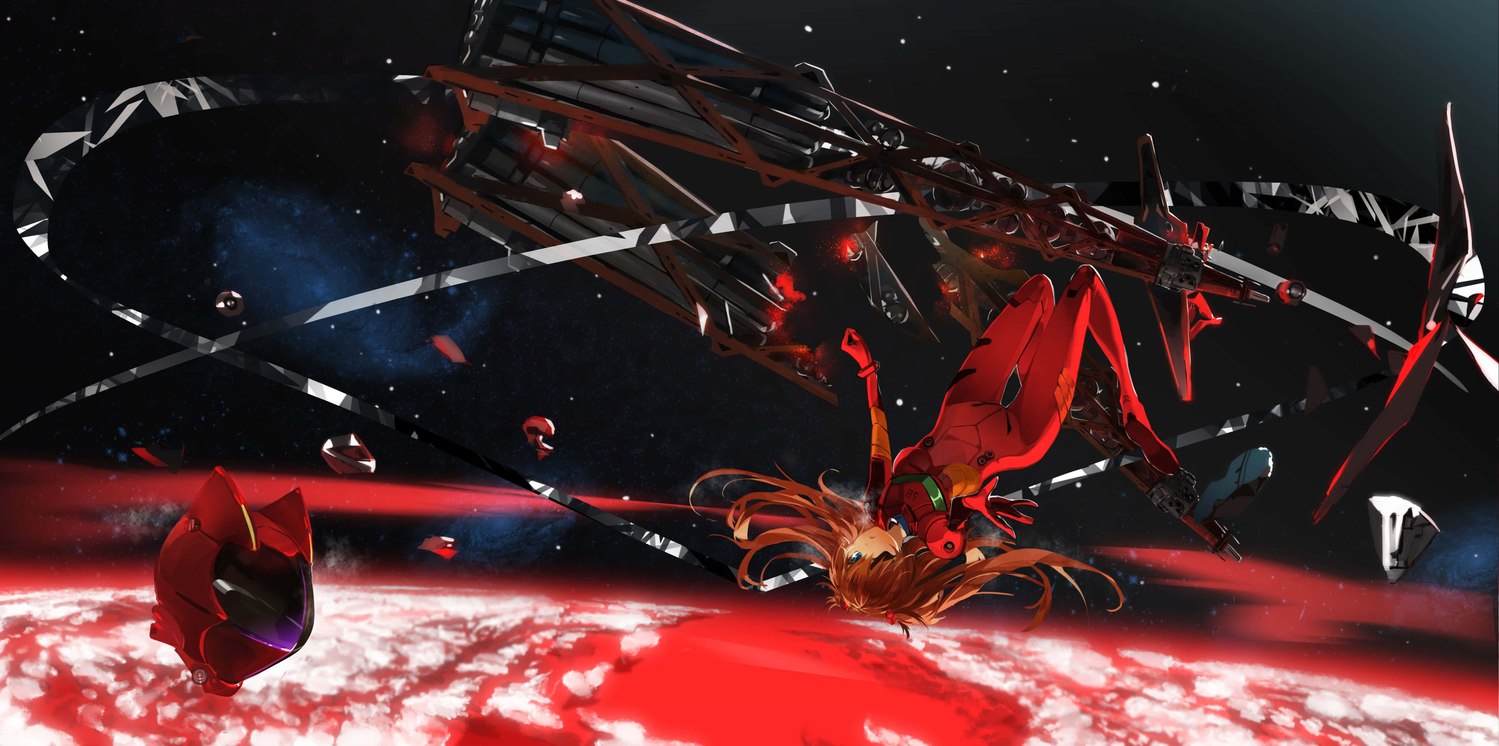 red-haired anime girl, red suit, space, 4K Desktop Wallpaper