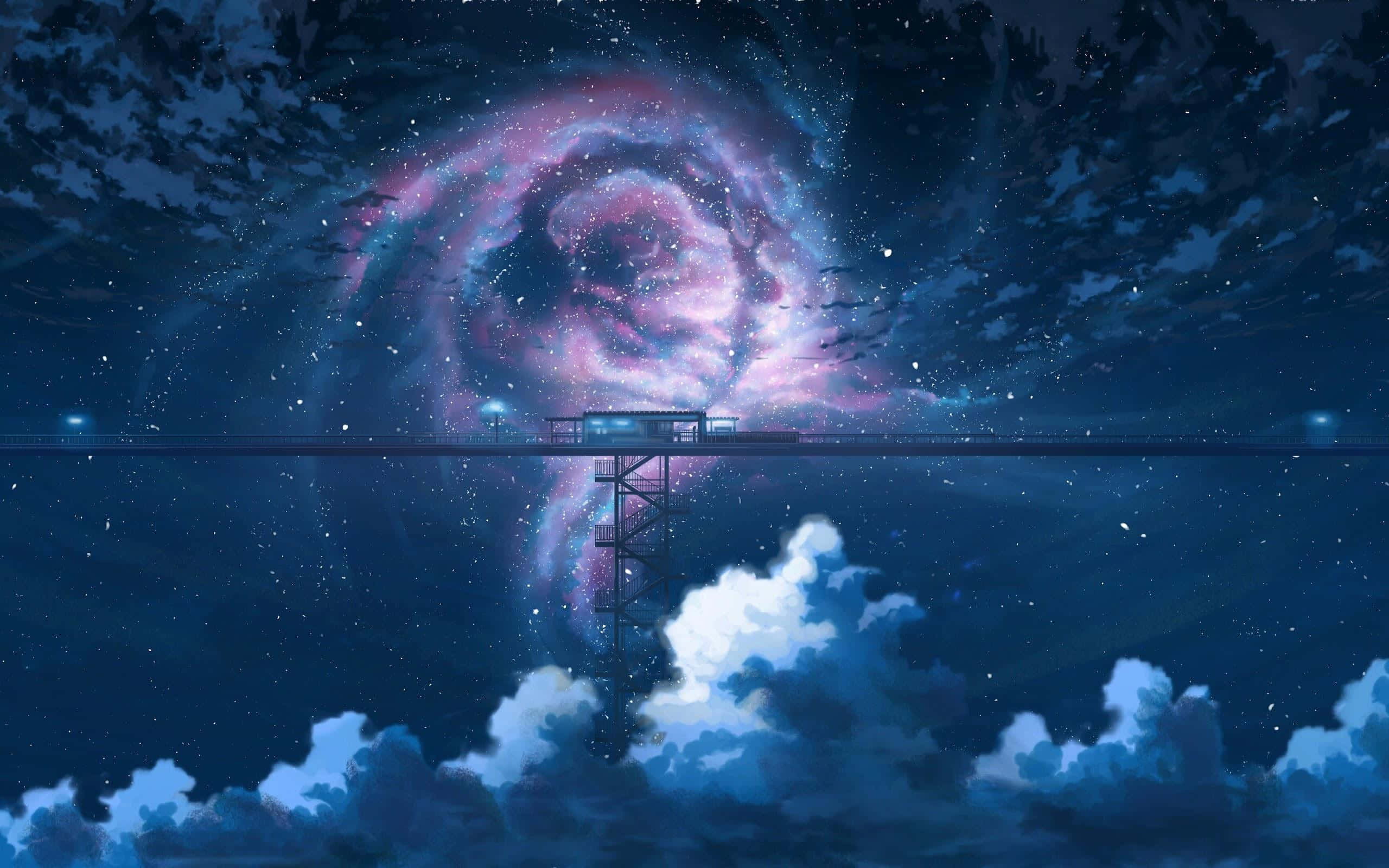 4K Anime Space, glowing spiral galaxy, pier at night, 2K Desktop Wallpaper