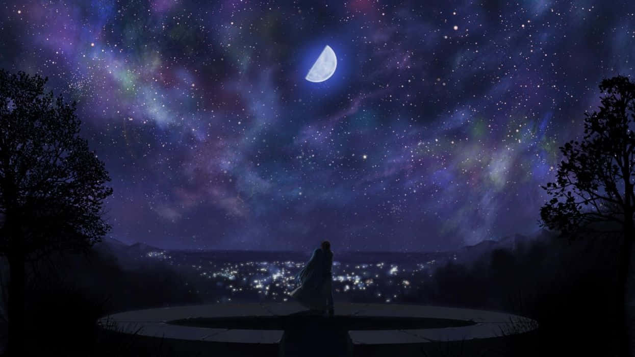 4K anime space, starry night sky, crescent moon, SD Desktop Wallpaper