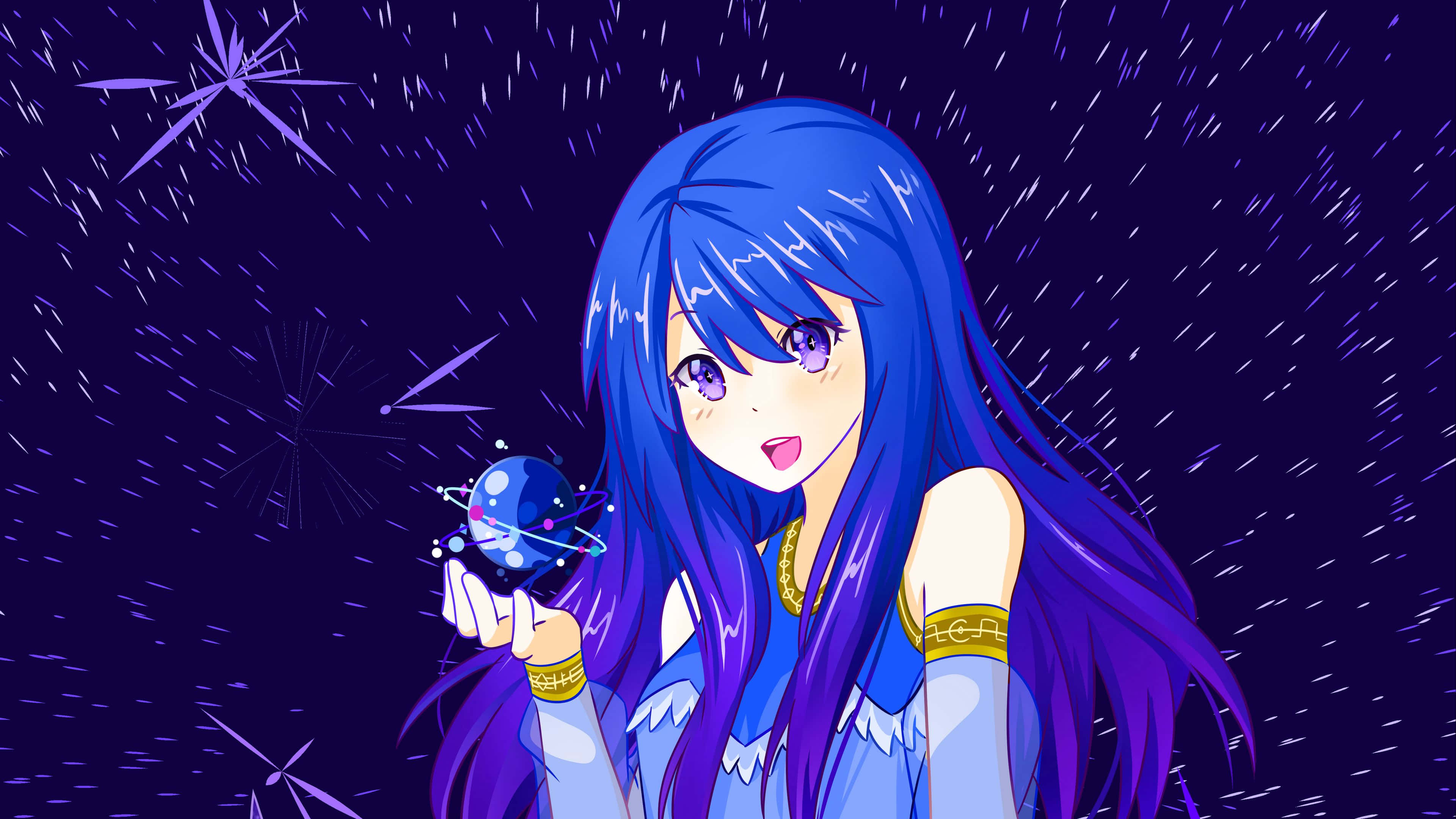 Anime girl, blue hair, glowing planet, 4K Desktop Wallpaper