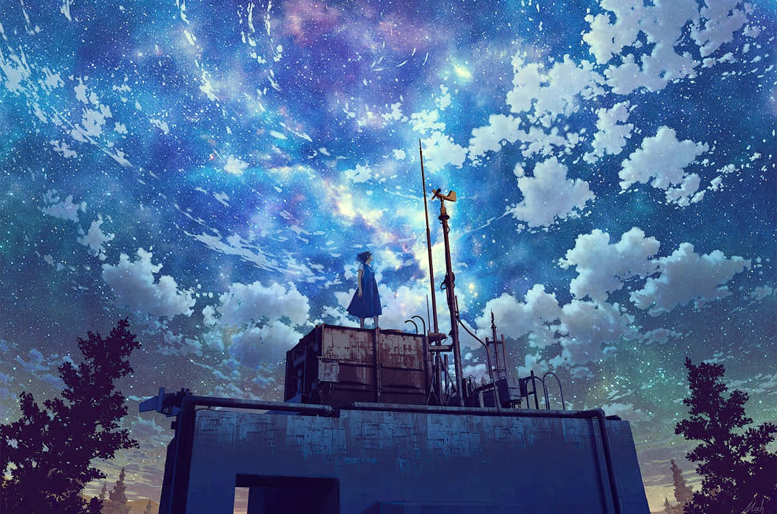 4K Anime Space, blue coat, weathered rooftop, SD Desktop Wallpaper