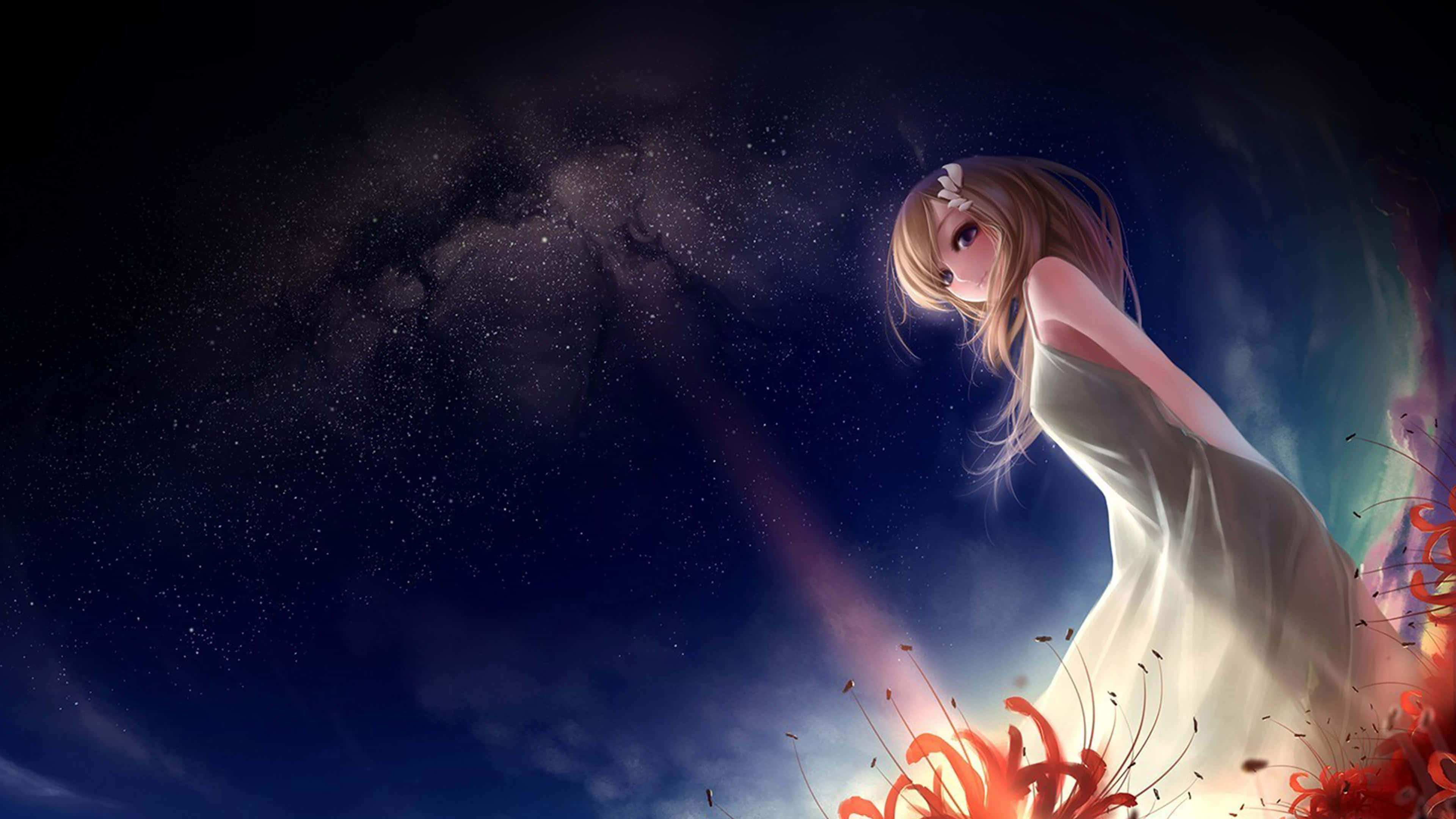 anime girl, white dress, glowing red flowers, 4K Desktop Wallpaper