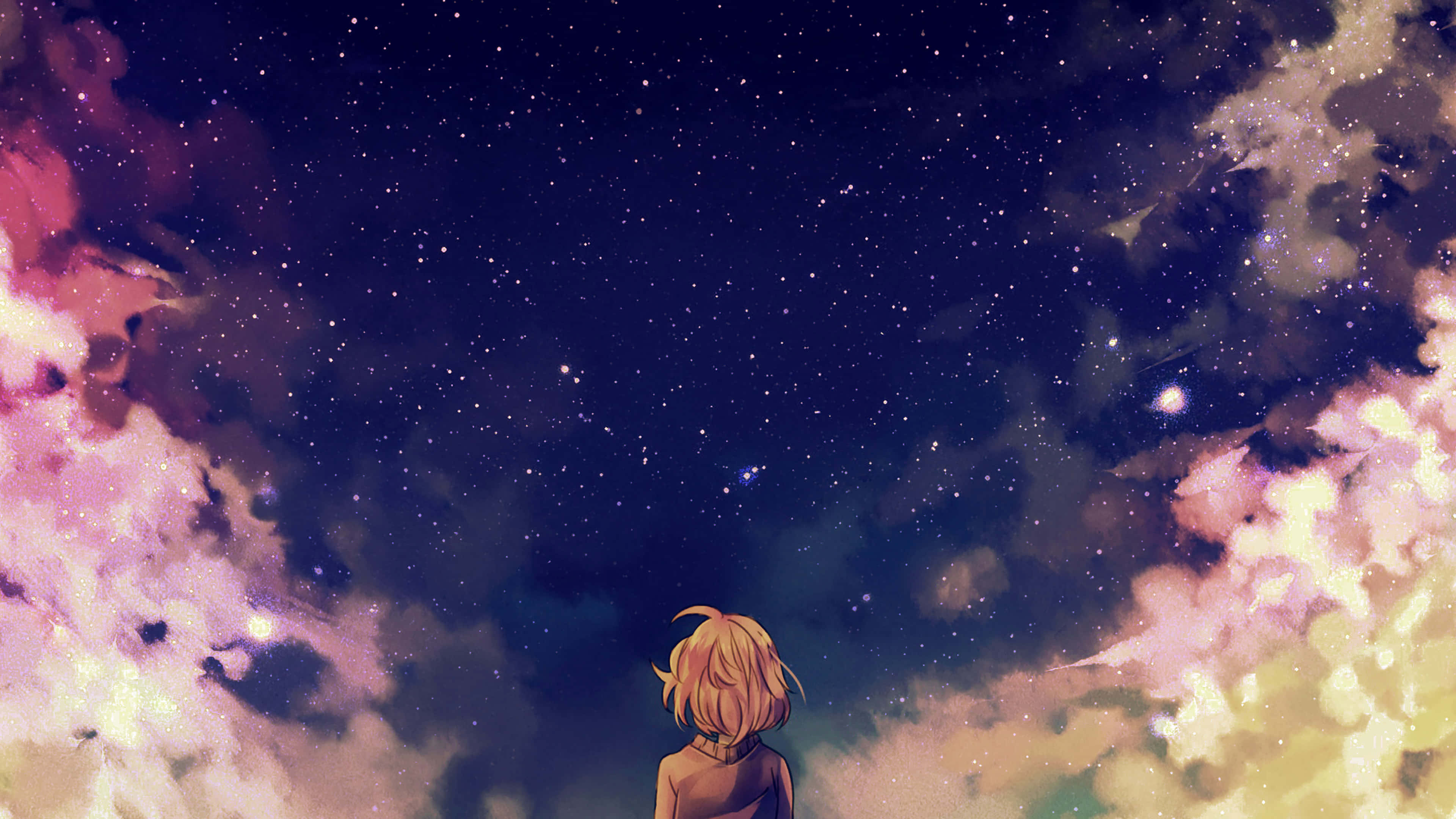 anime girl, blonde hair, starry night sky, 4K Desktop Wallpaper