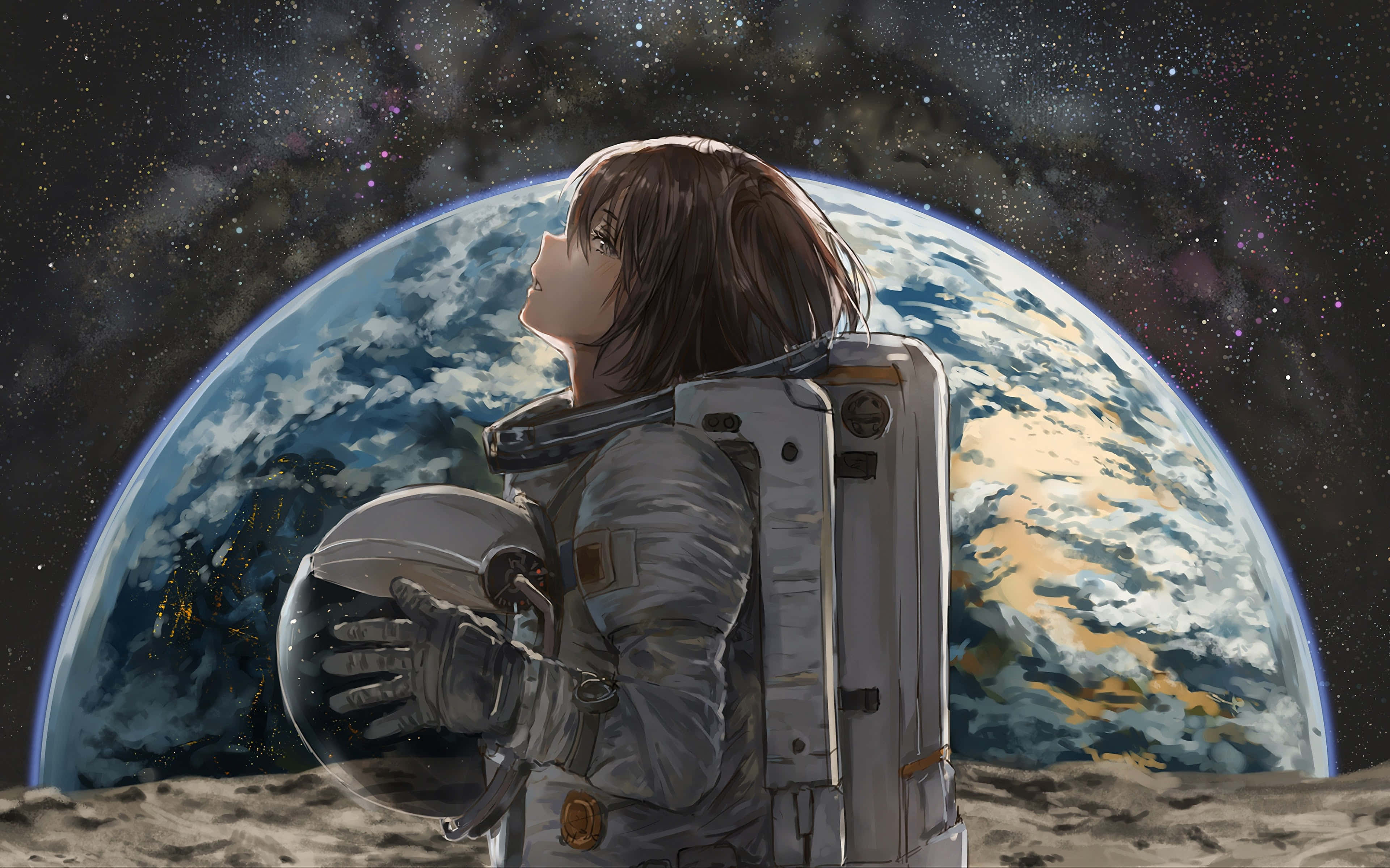 anime astronaut, Earth, moon, 4K Desktop Wallpaper