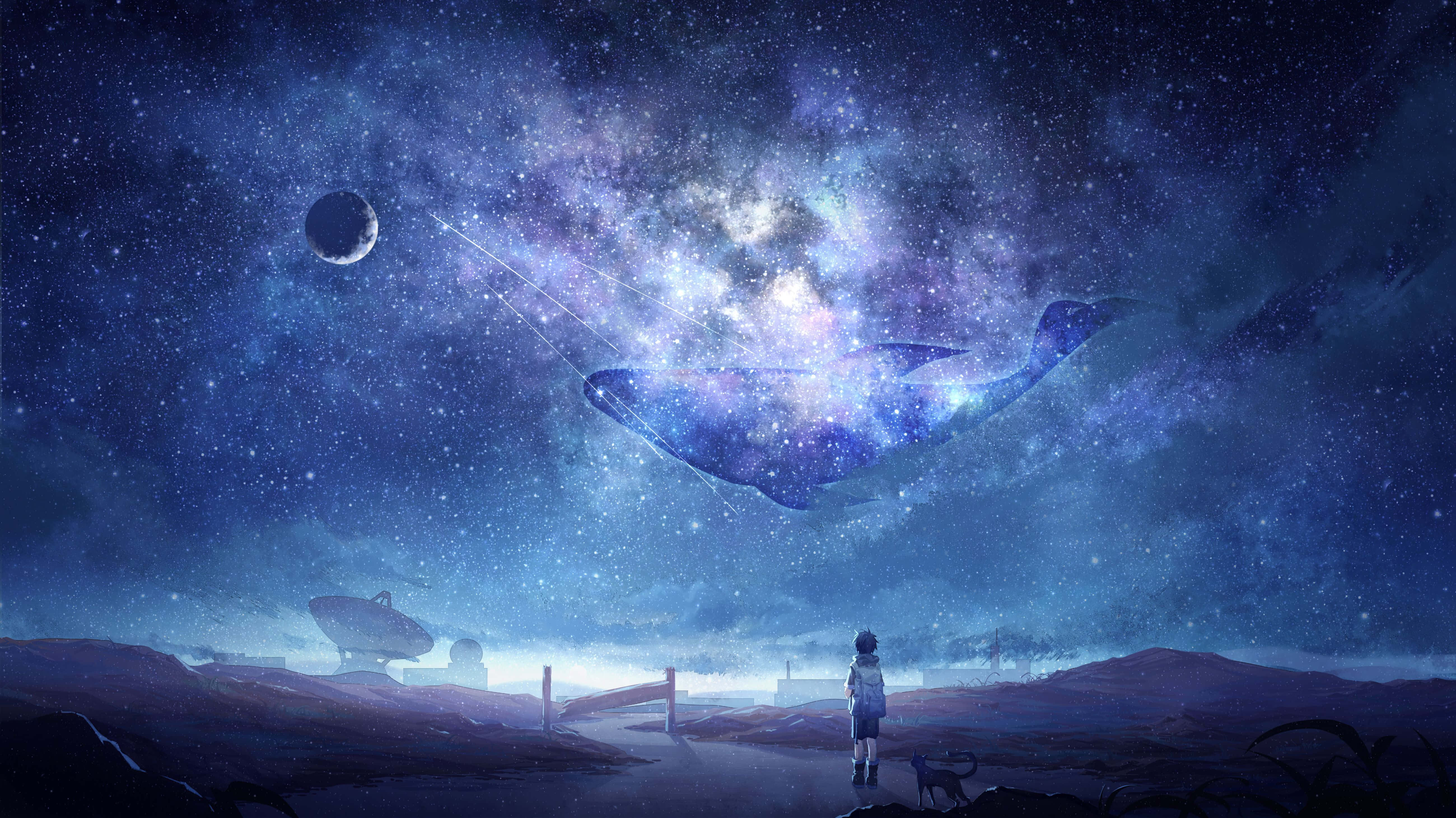cosmic whale, starry nebula, crescent moon, 5K Desktop Wallpaper