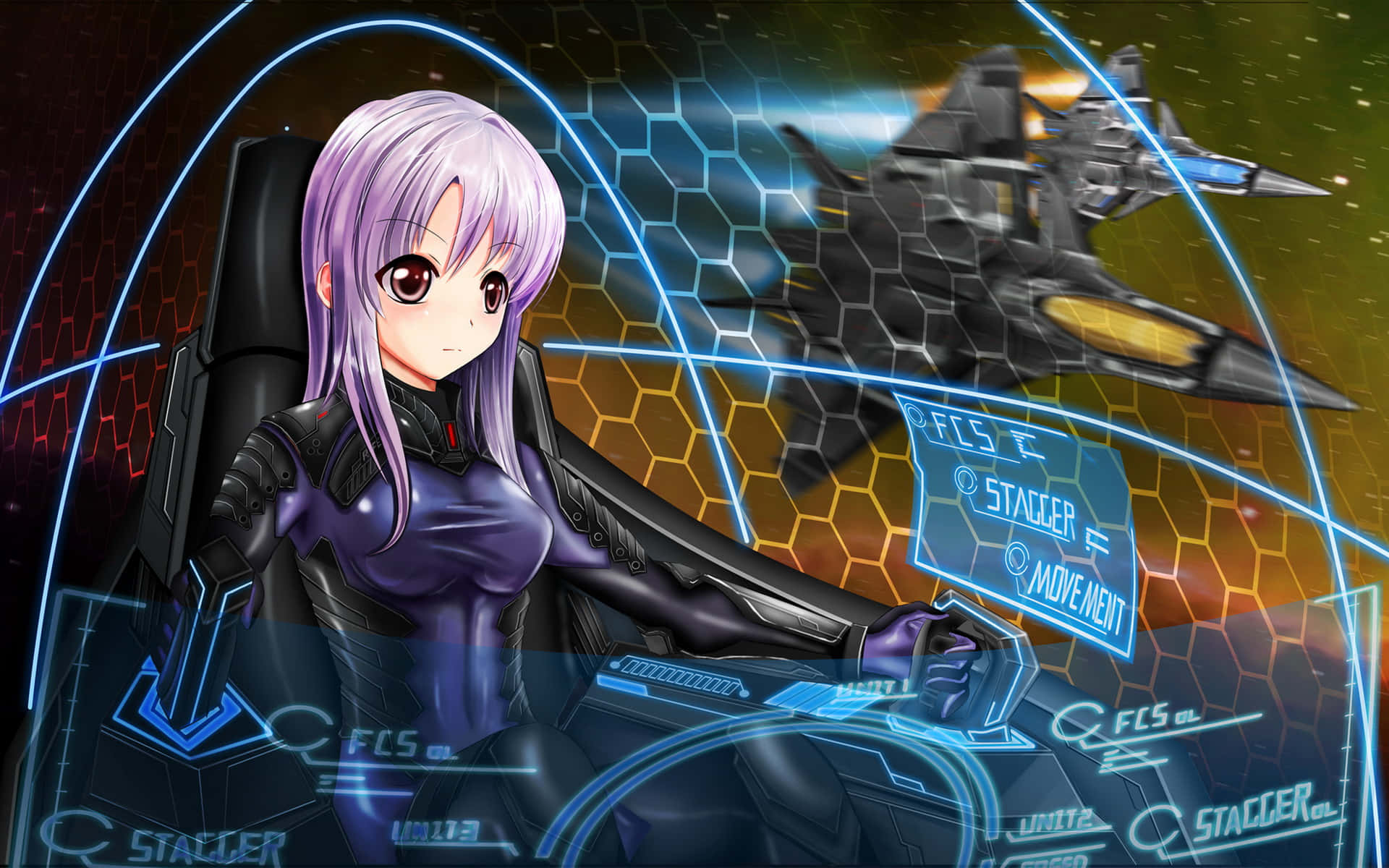 purple-haired anime pilot, cockpit, futuristic fighter jet, Full HD Desktop Wallpaper