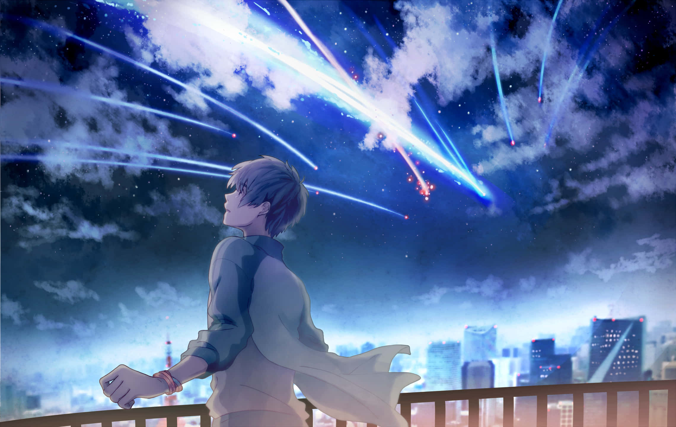 4K anime-inspired space wallpaper, young anime boy, vibrant blue streaks of light, Full HD Desktop Wallpaper