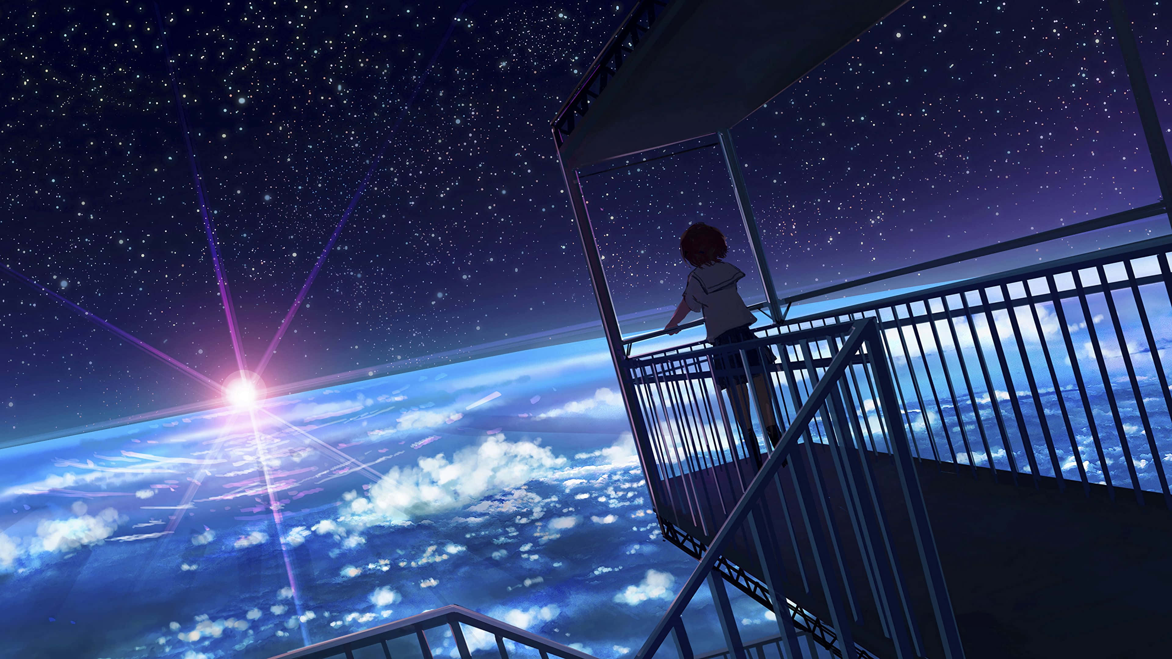 4K anime space, anime girl, metal observation deck, 4K Desktop Wallpaper