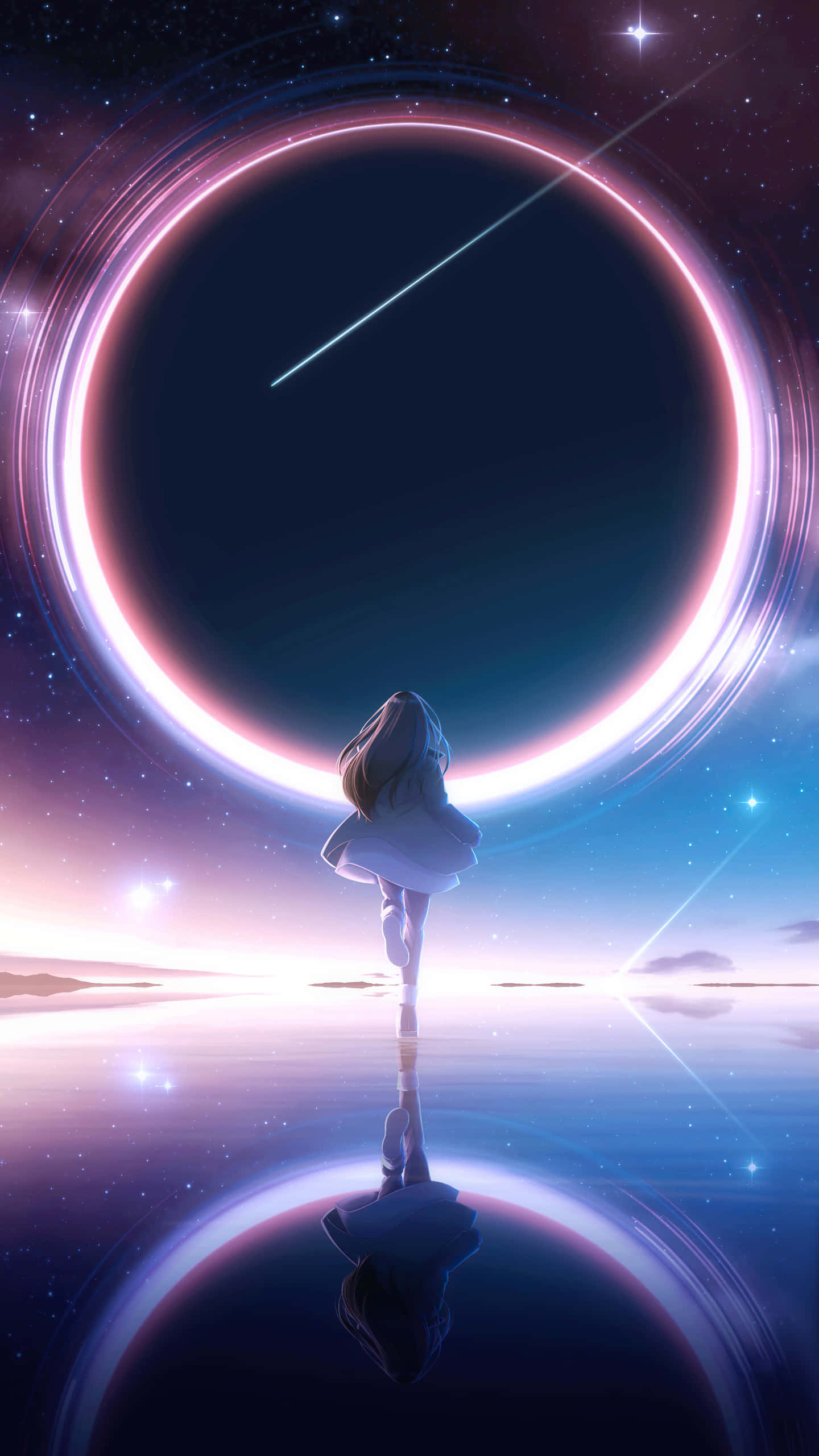 4K Anime Space, lone girl, white dress, 2K Phone Wallpaper