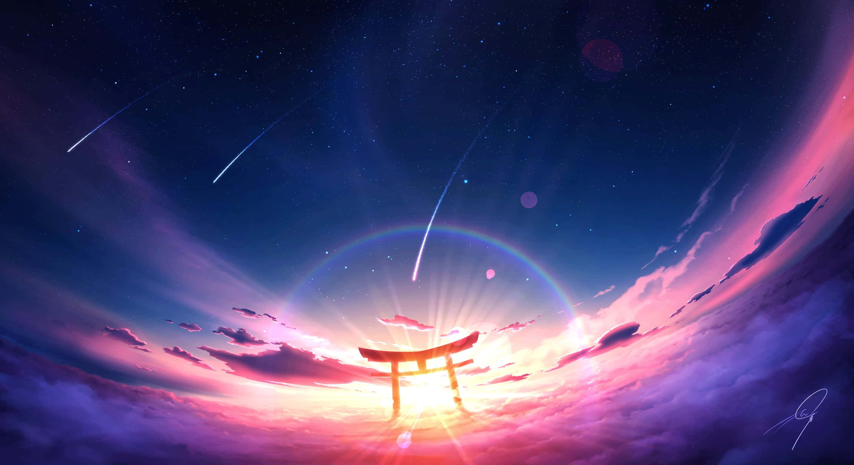 4K Anime Space, glowing torii gate, clouds, 2K Desktop Wallpaper