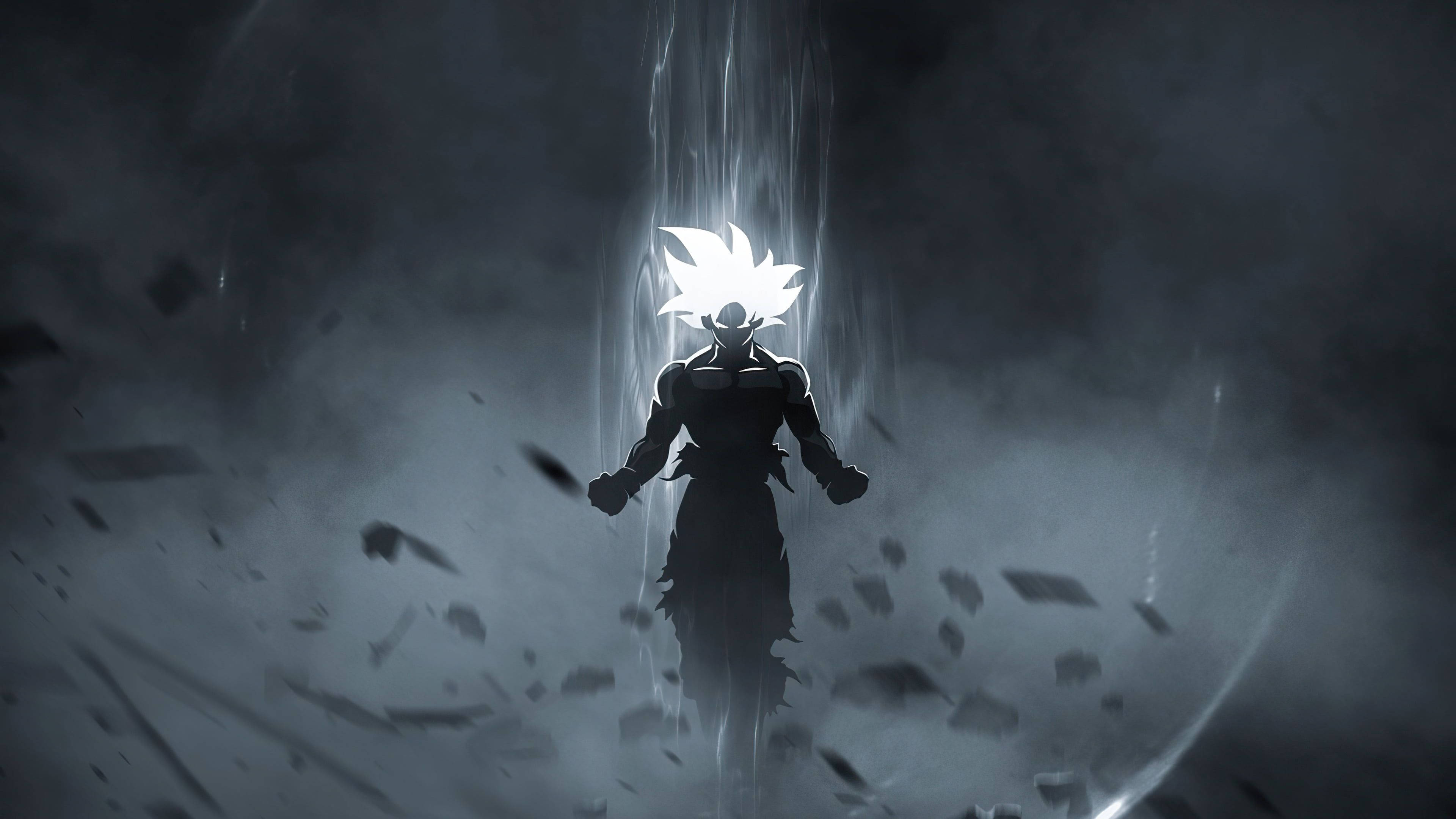 4K Anime Art, silhouetted anime warrior, glowing white hair, 4K Desktop Wallpaper